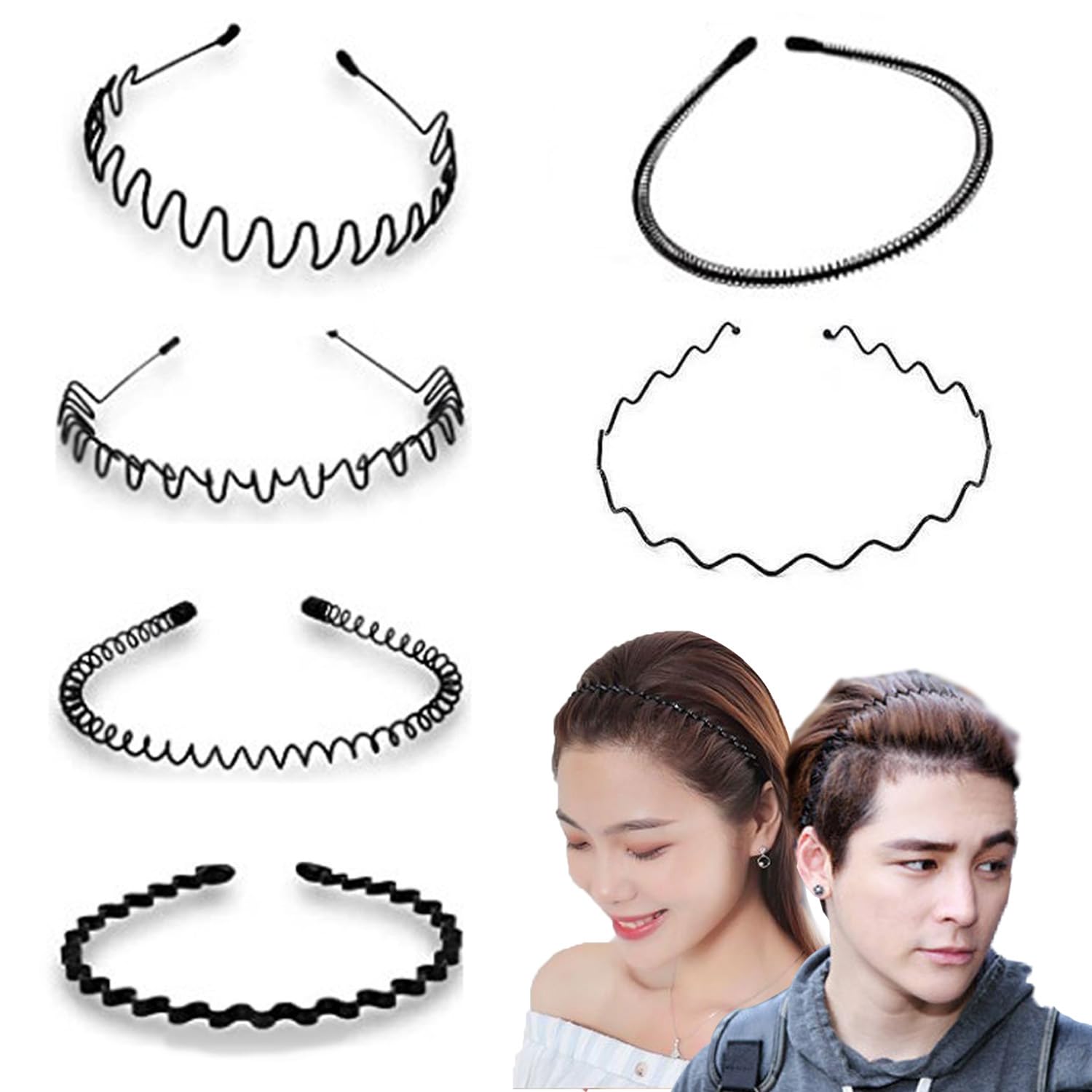 WUBAYI 6Pcs Metal Headbands for Men & Women - Non-Slip Sports Headband, Fashion Hair Band for Gym, Running, Yoga, Weddings & Daily Wear - Black Unisex Head Accessories