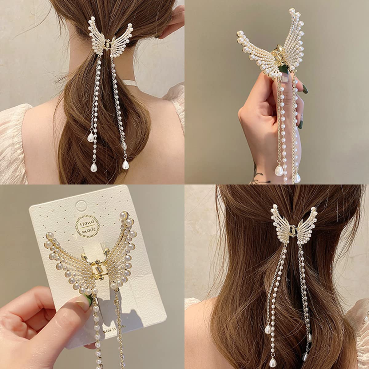 TOPPROSPER Crystal Pearl Butterfly Hair Clips for Women - Elegant Tassel Hairpins, Shiny Hair Accessories for Birthday Parties, Weddings & Special Occasions (Pearl)