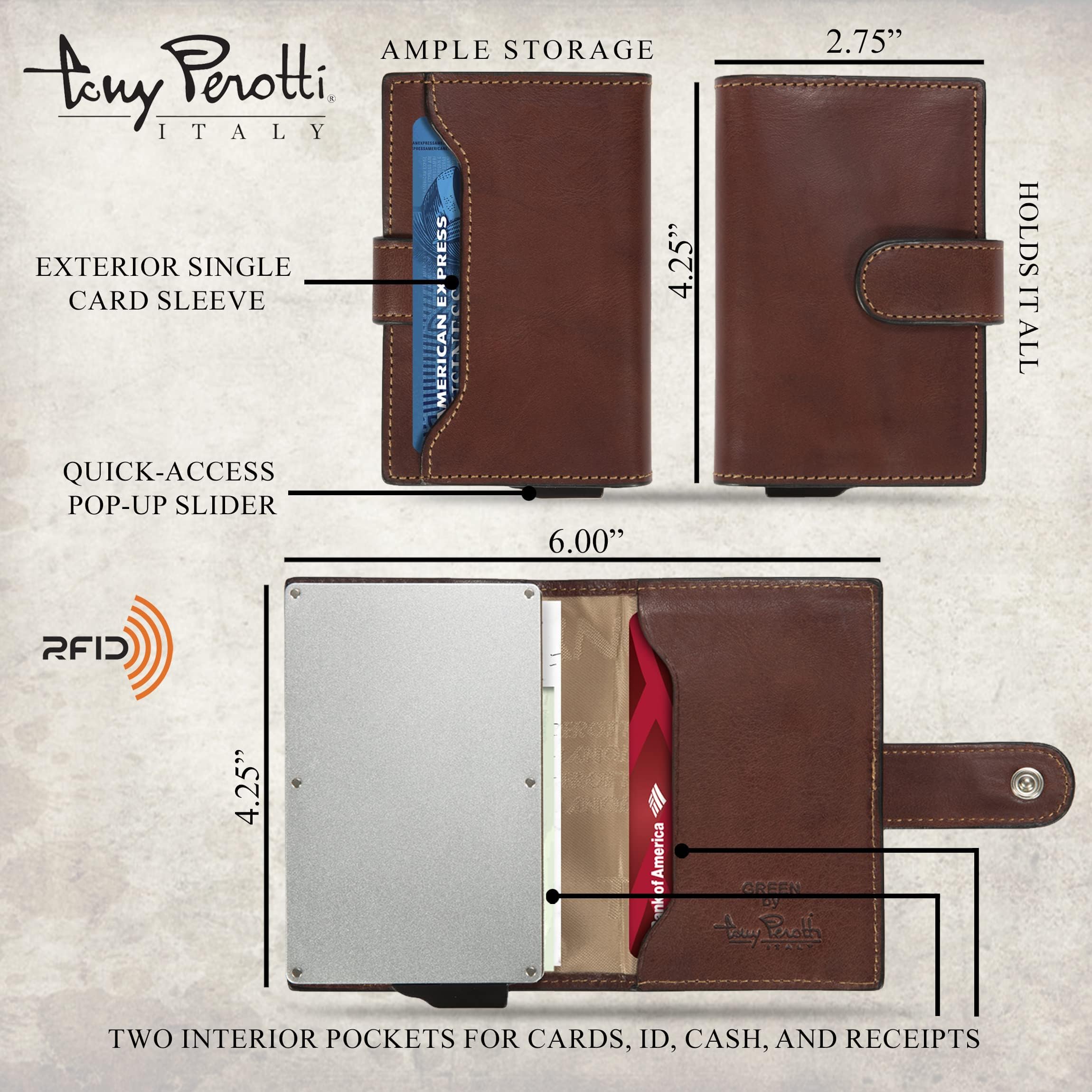 Tony Perotti Italian Leather Trifold Wallet for Men - RFID Blocking Credit Card Holder with Quick Access - Premium Full Grain Vegetable-Tanned Leather Wallet (Made in Italy) - Perfect for Business, Travel & Everyday Use
