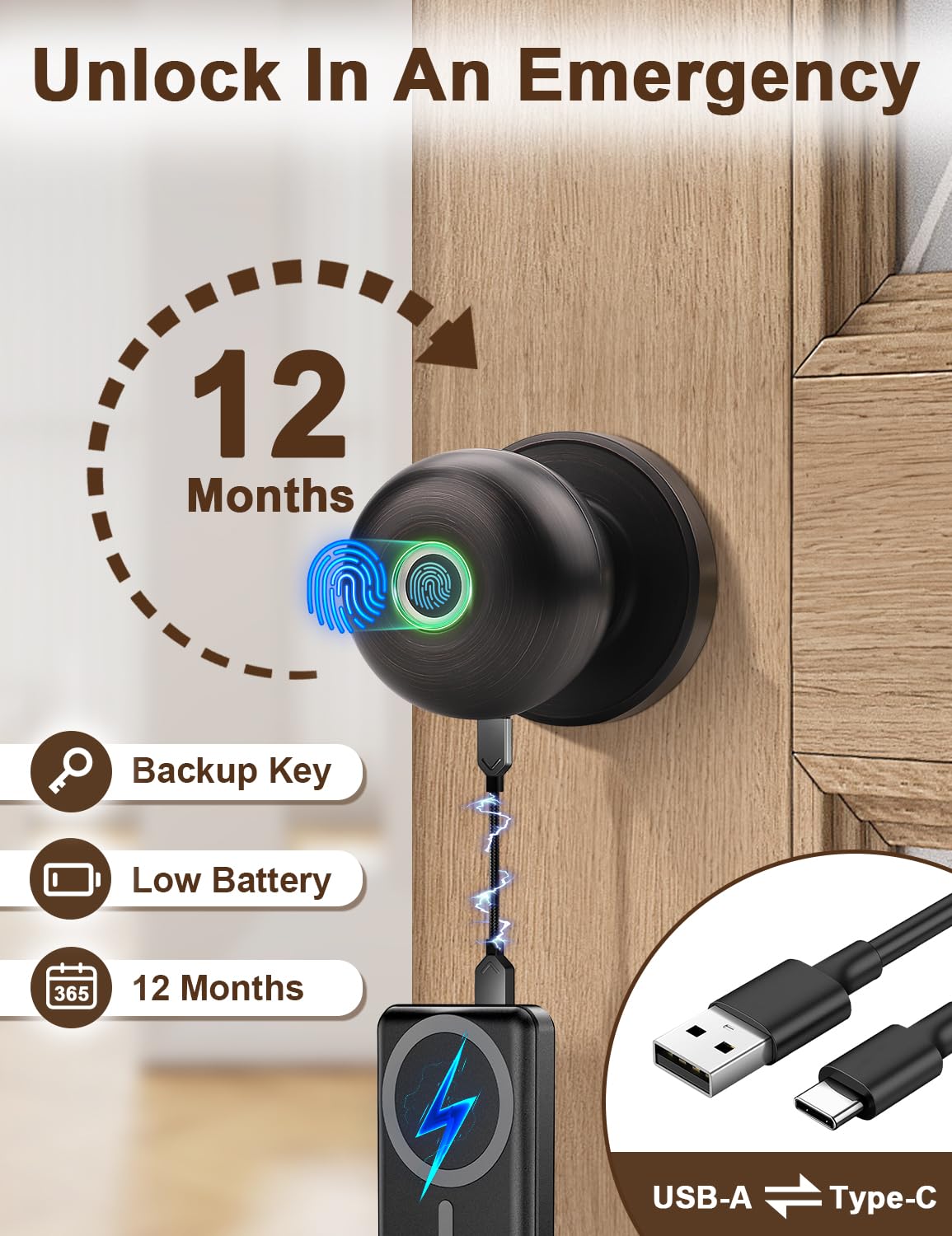Smart Fingerprint Door Knob Lock - Biometric Keyless Entry with App Control, Oil Rubbed Bronze - Perfect for Home Security in Bedrooms, Offices, Apartments & Hotels
