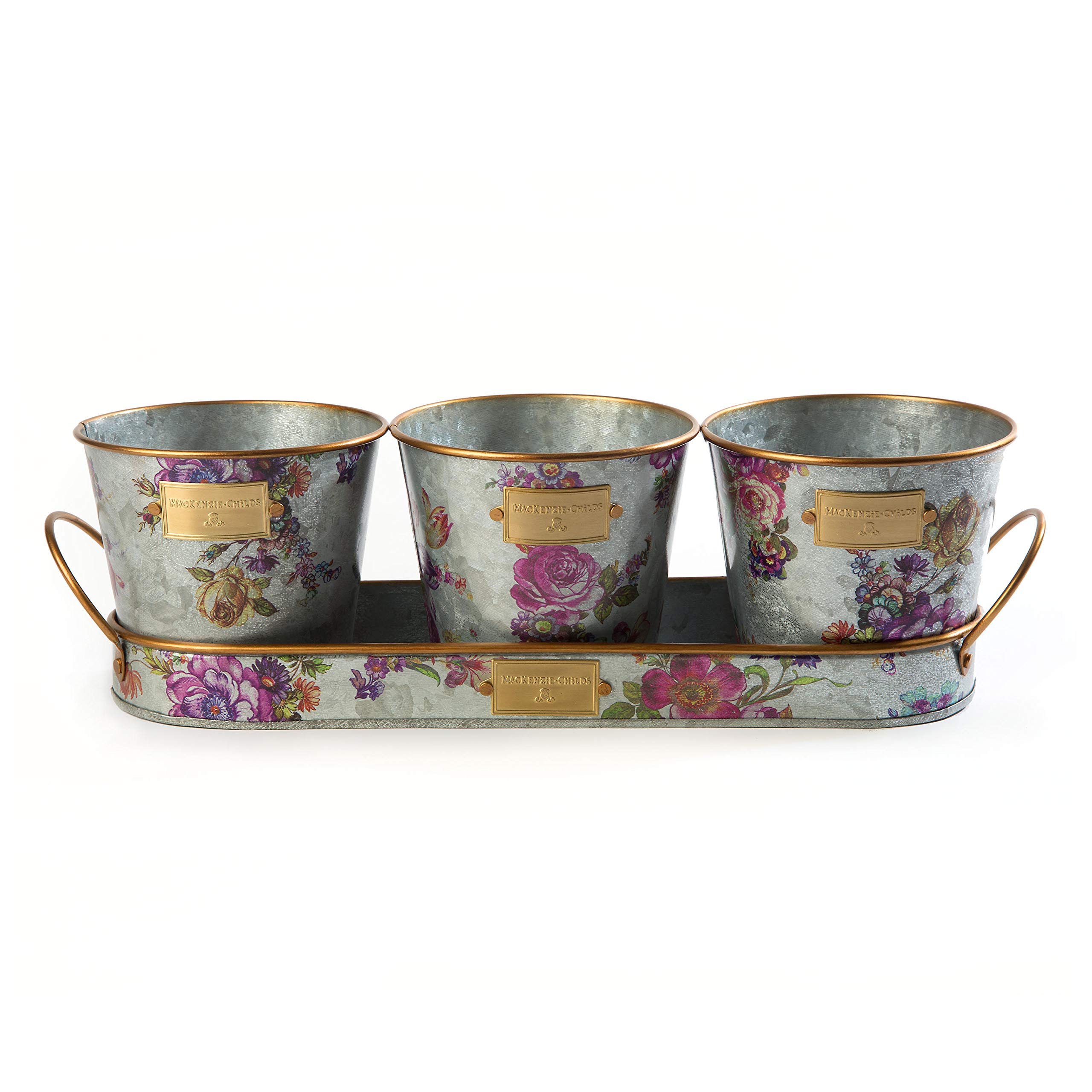 **Mackenzie-Childs Flower Market Galvanized Herb Pots with Tray - Set of 3 for Indoor & Outdoor Plants - Perfect for Kitchen, Garden, or Balcony Decor**