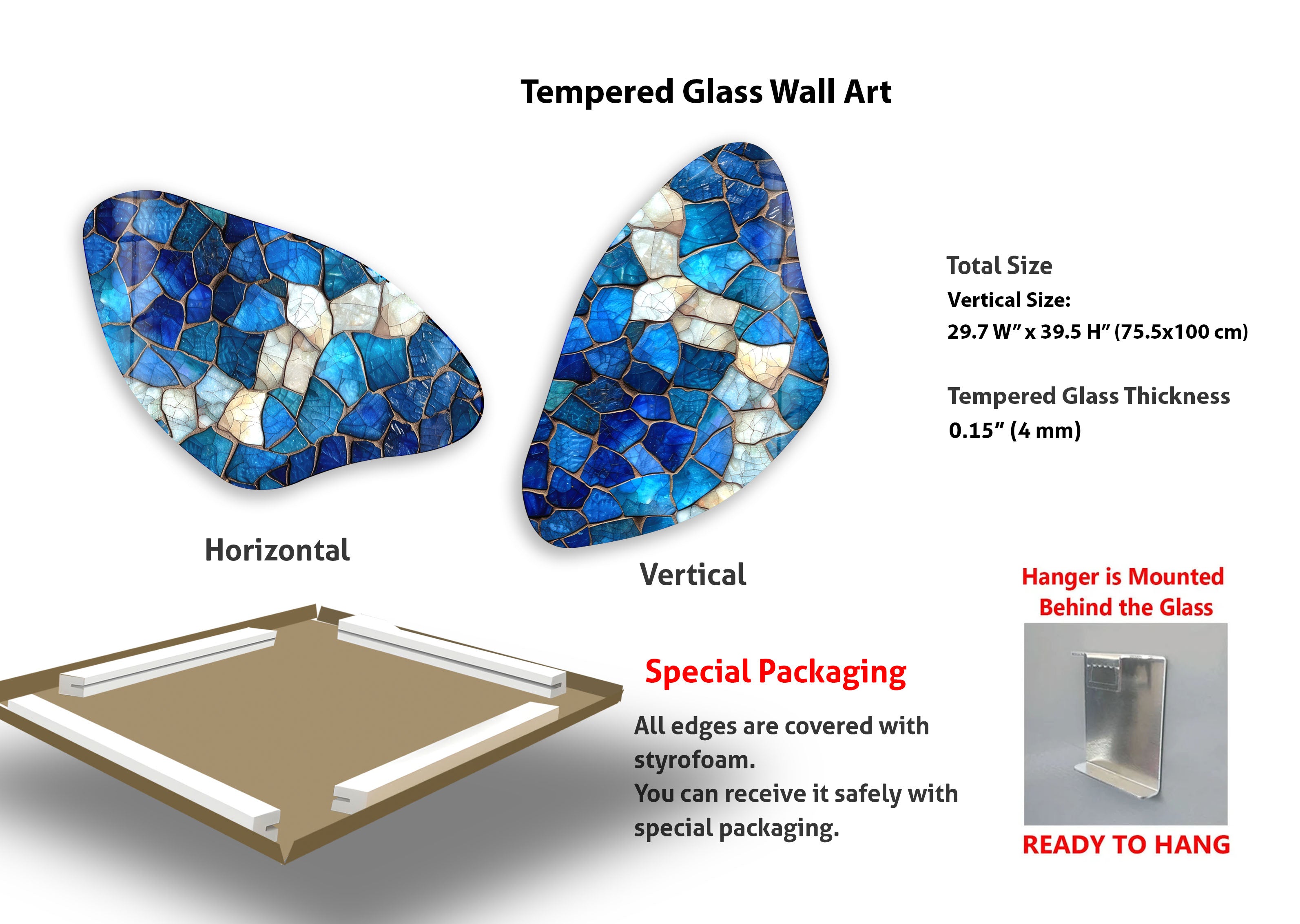 Handmade Blue Mosaic Asymmetrical Glass Wall Art - Modern Abstract Home Decor for Living Room, Bedroom & Office