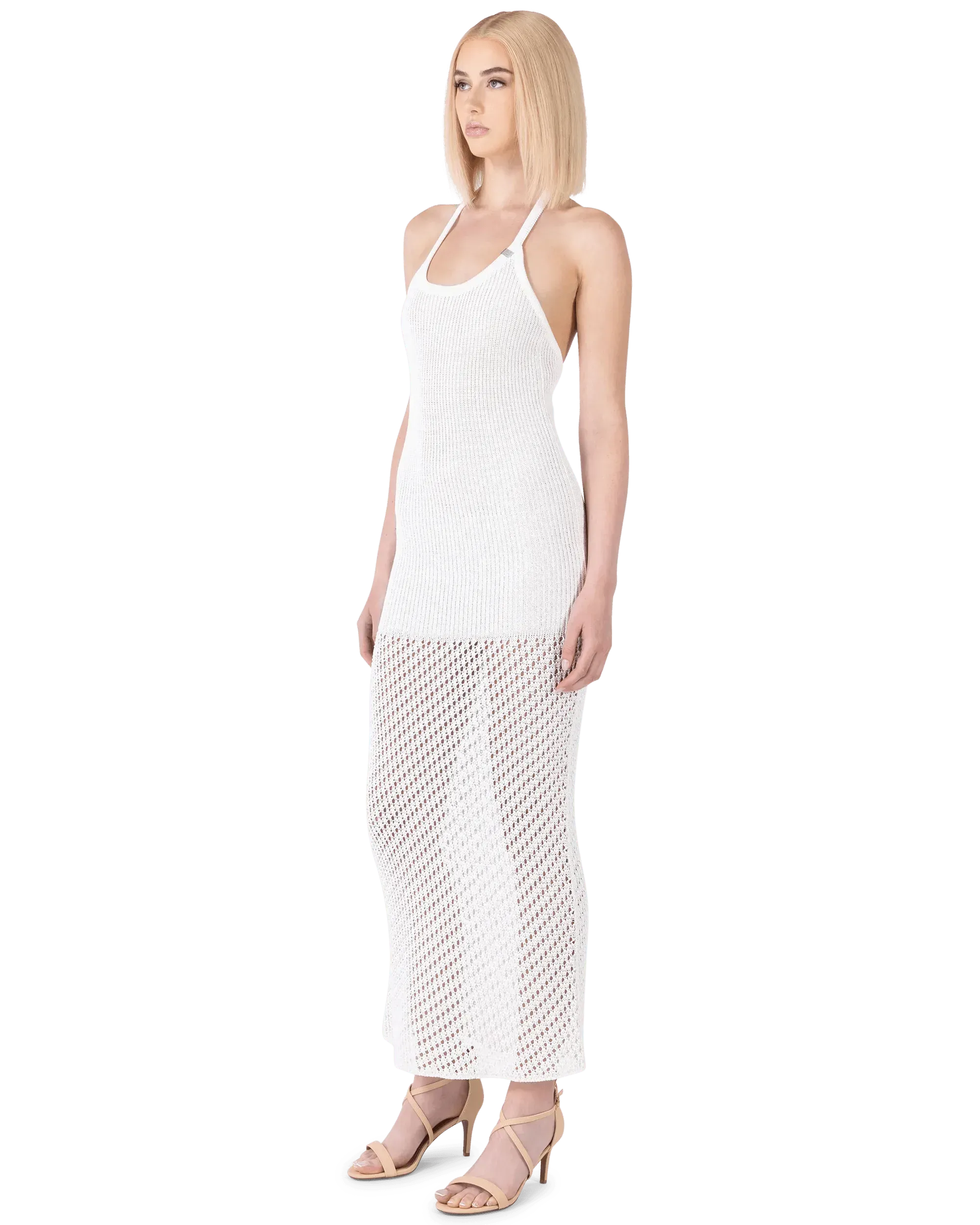 Crochet Halterneck Maxi Dress for Women - Boho Chic Summer Beach Dress with Floral Lace Trim - Perfect for Vacations, Weddings & Outdoor Parties