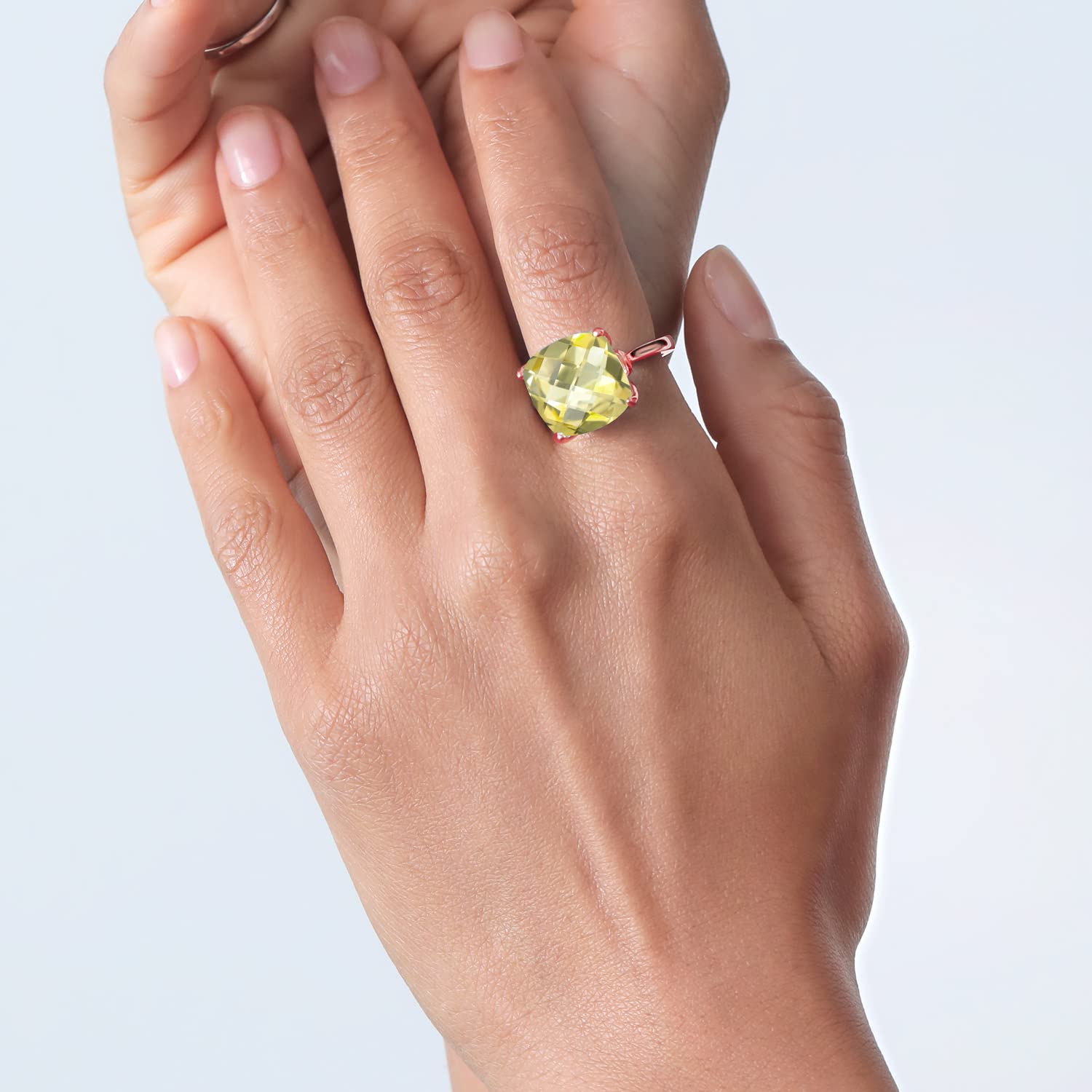 18K Rose Gold Plated Silver Lemon Quartz & White Topaz Engagement Ring for Women - 9.10 Cttw, 14mm Cushion Checkerboard (Sizes 5-9) | Elegant Bridal Jewelry, Wedding Proposal Gift, Anniversary Present