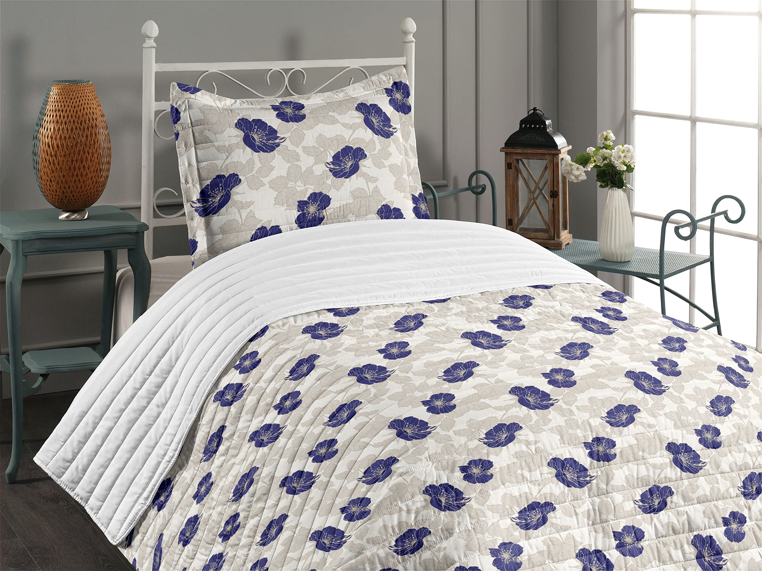 Ambesonne Floral Microfiber Bedspread Set - Blooming Dog Roses with Leafy Stems, Art Nouveau Inspired Soft Bedding | Includes Comforter & Pillow Sham | Twin Size in Off White Eggshell | Perfect for Bedroom Decor, Guest Room & Cozy Home Styling