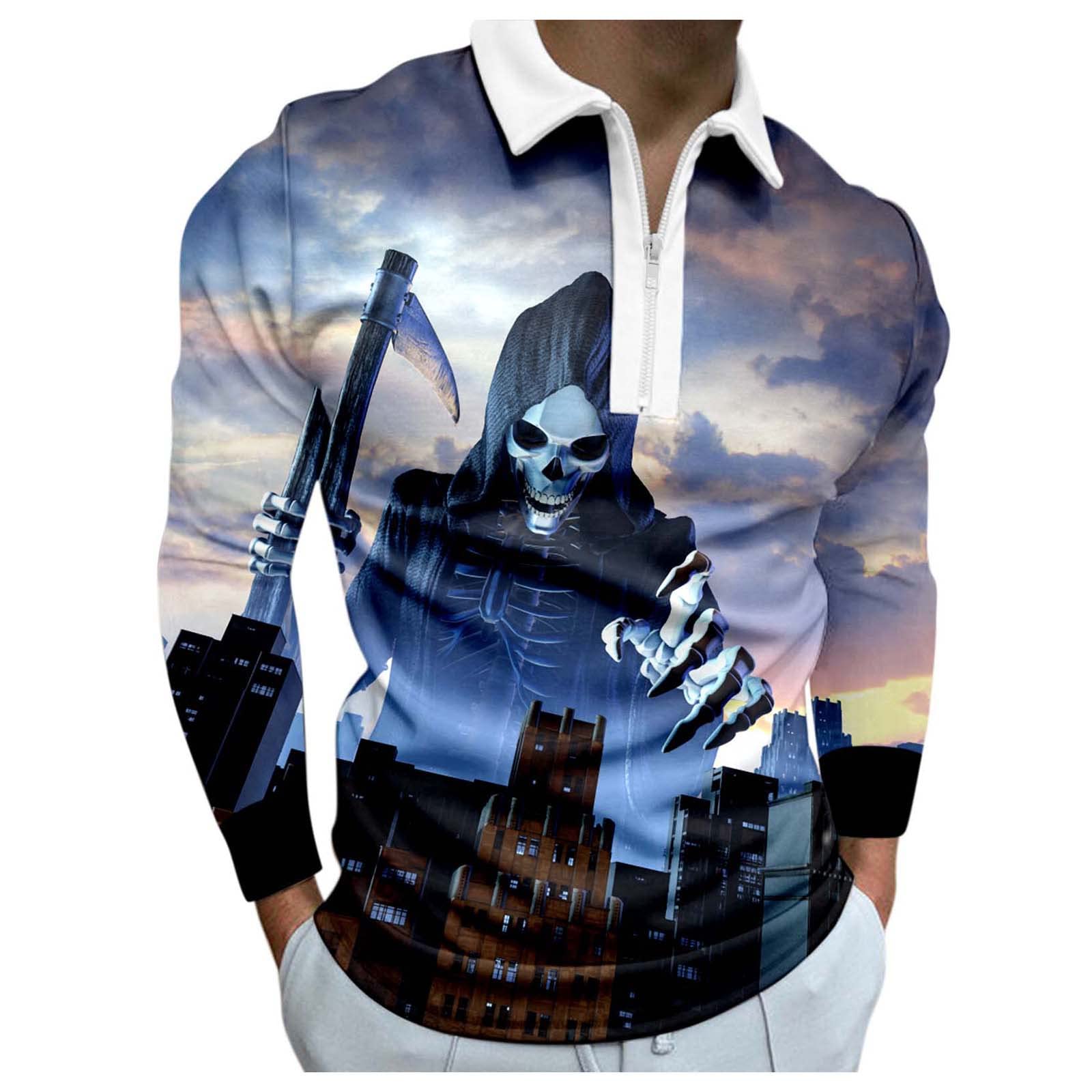 Halloween T-Shirts for Men - Spooky Print Long Sleeve Zip-Up Shirt with Turn Down Collar | Casual Halloween Costume & Party Outfit