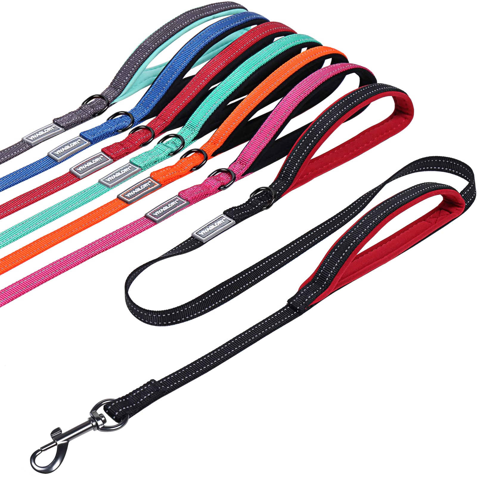 VIVAGLORY Heavy Duty Reflective Dog Leash with Dual Padded Handles - Strong Metal Hook Training Lead for Large Medium Small Dogs - Perfect for Walking, Running, Night Safety & Outdoor Adventures (Black)