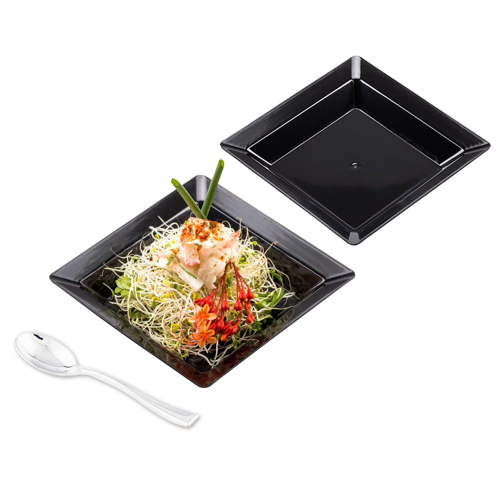 100 Pack Black 4.25 Inch Square Plastic Plates & 100 Silver Plastic Mini Spoons - Perfect for Parties, Picnics, BBQs, and Catering Events