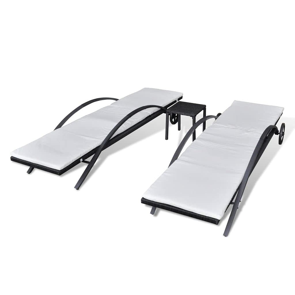 Outdoor Balcony Lounger with Coffee Table - Padded Rattan Sun Lounger Set for Patio, Garden or Poolside Relaxation (Black)