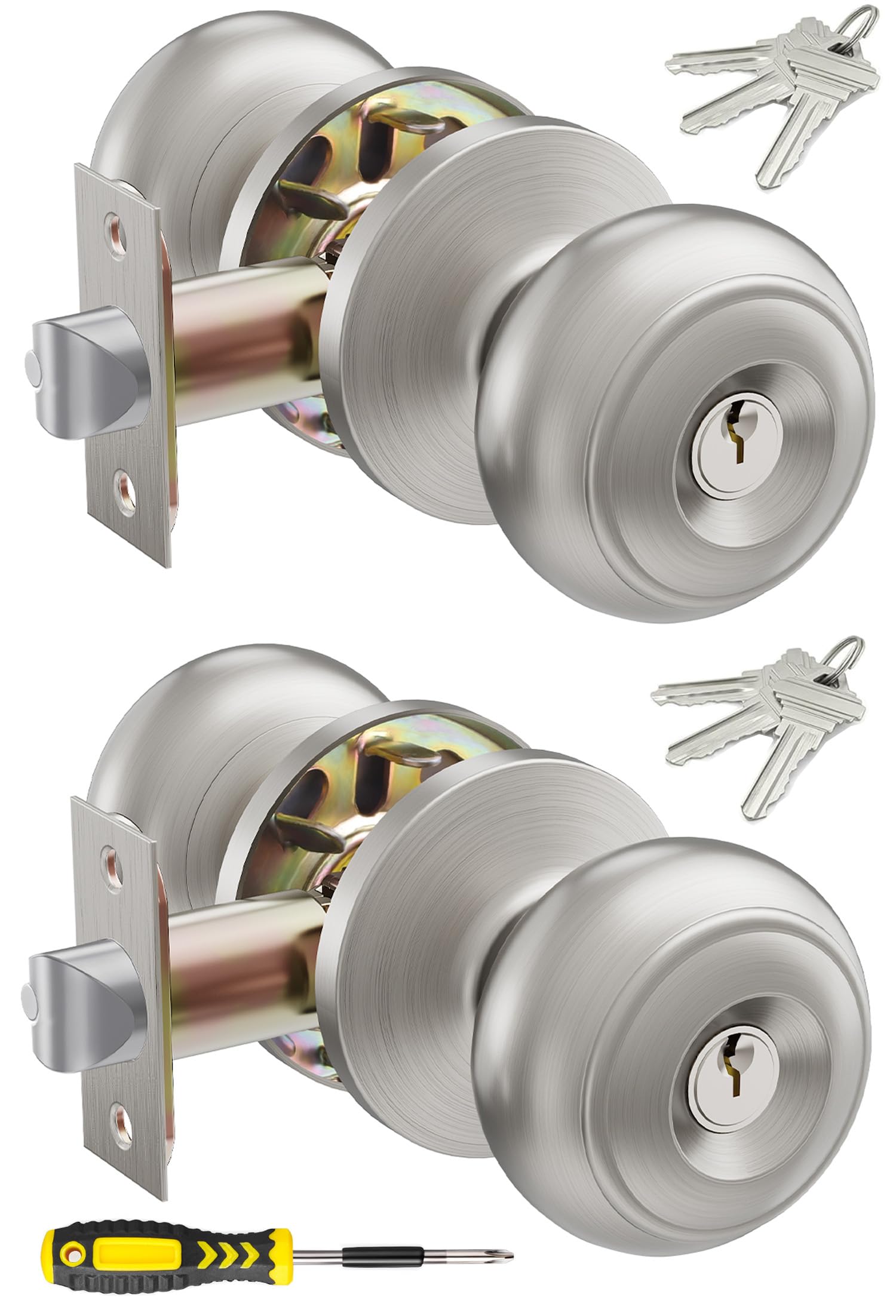 2 Pack Stainless Steel Keyed Door Knob Set - Satin Nickel for Home Security