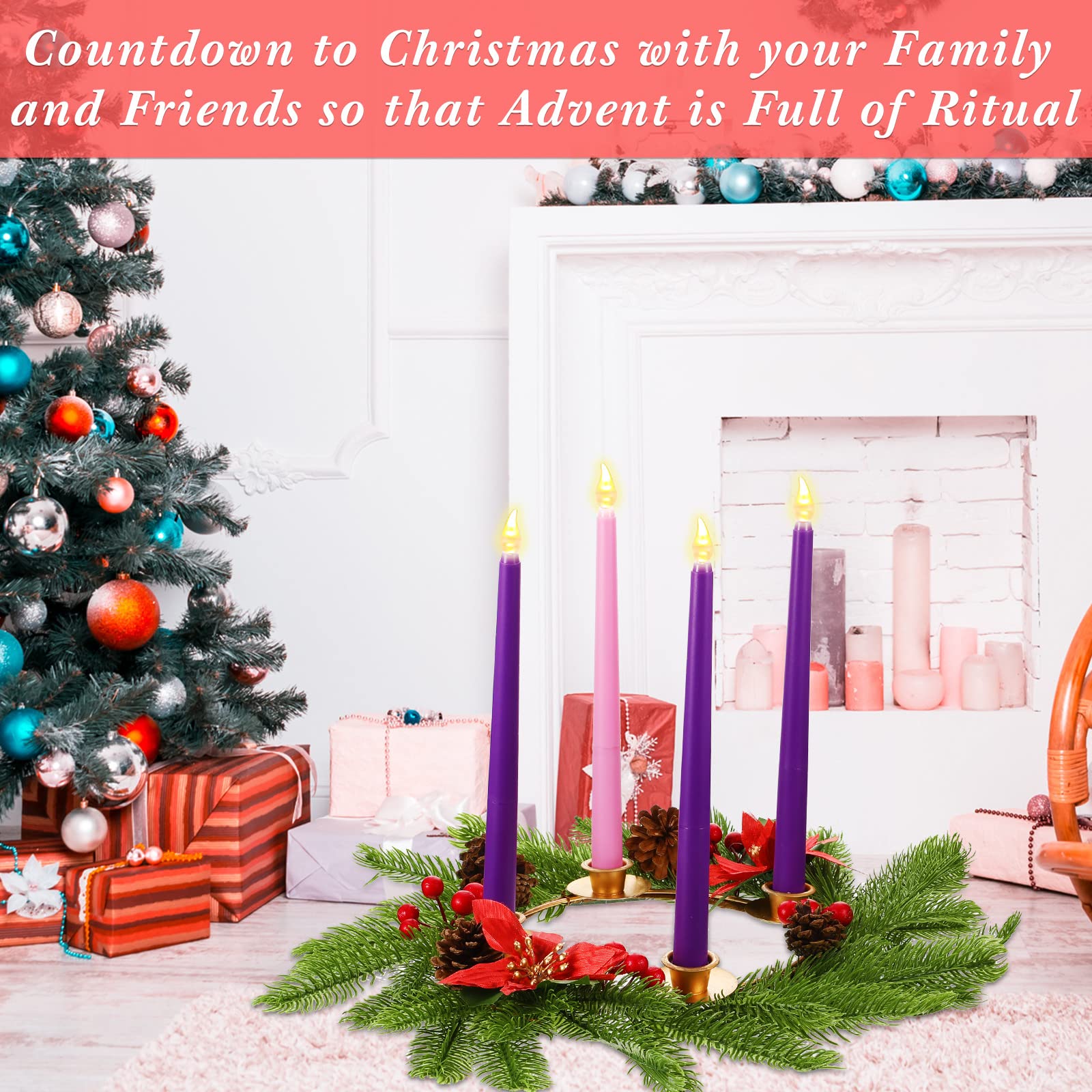 5-Piece 19-Inch Christmas Advent Wreath Candle Holder Set with 4 Taper Candles - Traditional Holiday Centerpiece Decor for Home, Church, and Table Settings During Christmas Season
