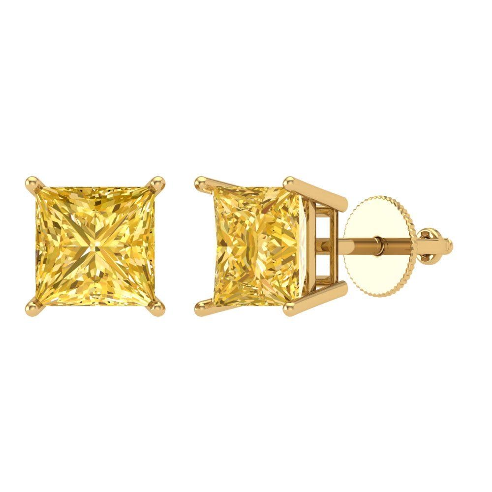 4.0ct Princess Cut VVS1 Yellow Simulated Diamond Earrings - 18K Gold Screw Back for Party & Wedding