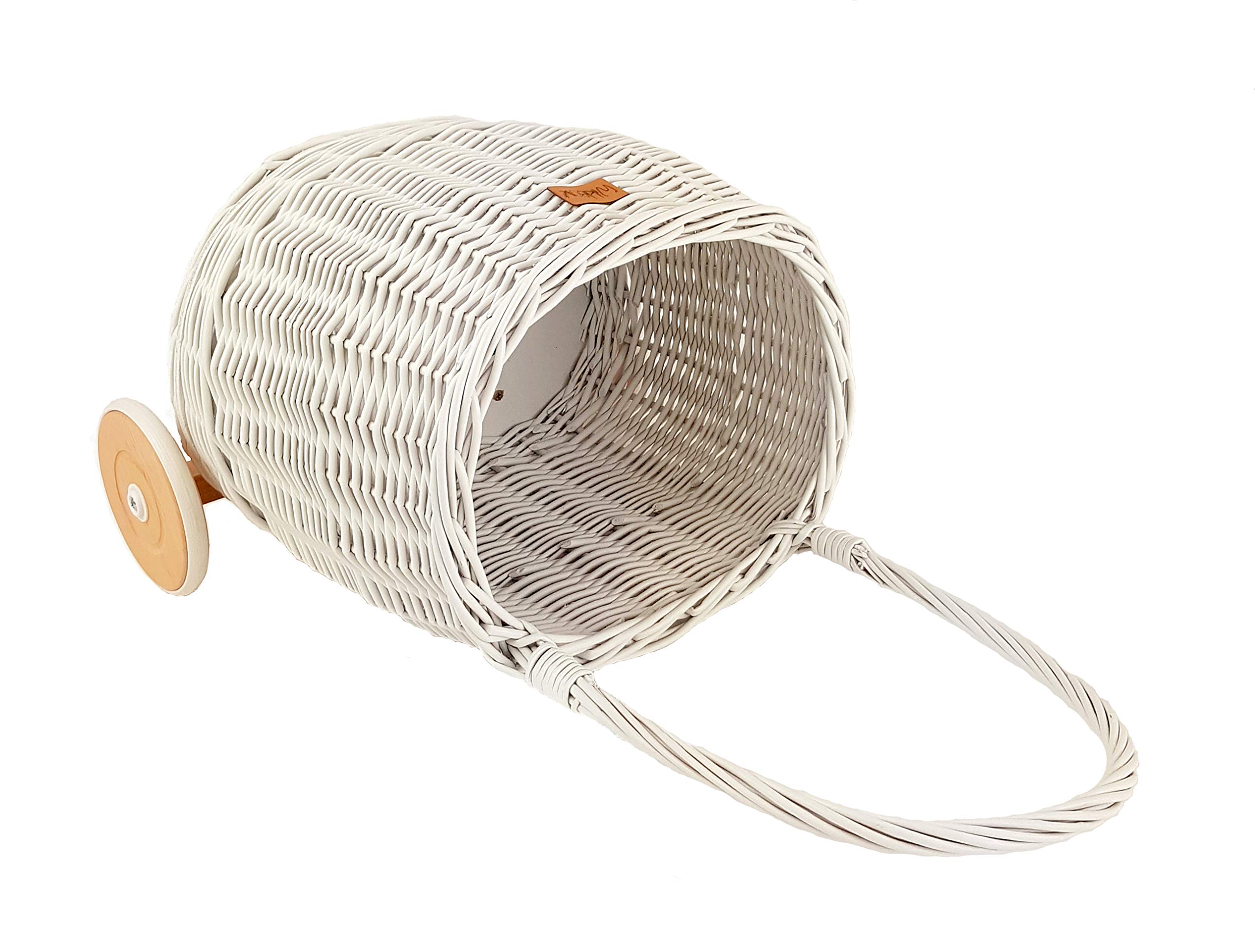 WIKLIBOX Rattan Pull Toy Basket - Handmade European Wicker Toy Storage Organizer - White Color for Nursery, Playroom & Kids' Bedroom Organization