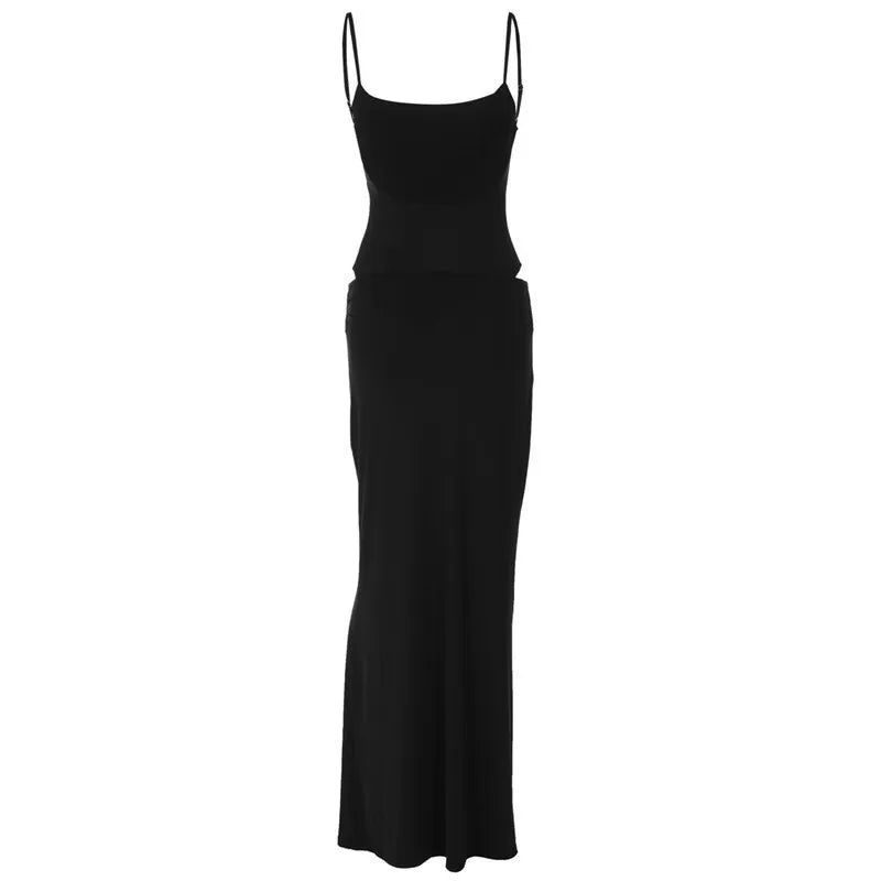 Black Sexy Dress Set for Women - Spaghetti Strap Bodysuit & Maxi Skirt Matching Outfit | Backless Slim Fit Long Skirt Set | Perfect for Date Night, Parties & Special Occasions