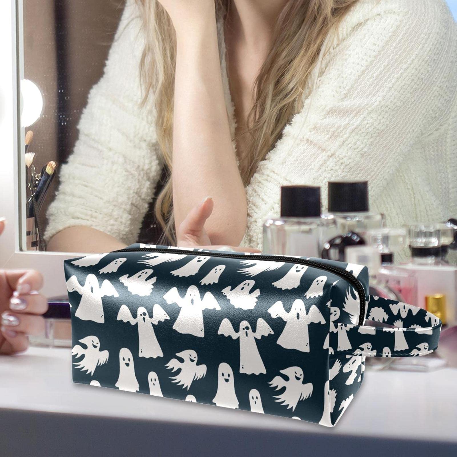 Halloween Ghost Pattern Cosmetic Bag Organizer - Travel Toiletry Pouch for Makeup Artists, Women & Girls | Perfect for Halloween Parties, Travel & Daily Makeup Storage