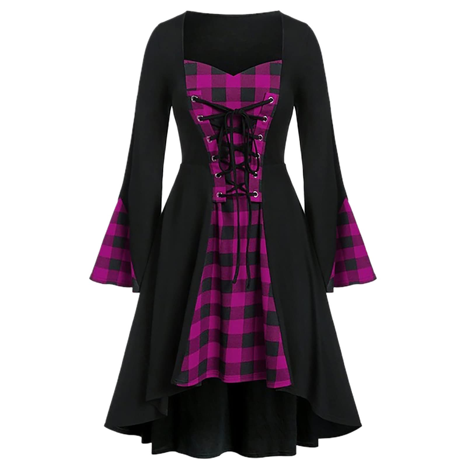 SCKARLE Women's Plus Size Halloween Gothic Lace-Up Patchwork Mini Dress - Long Sleeve Lattice Tunic for Costume Parties, Cosplay & Gothic Fashion