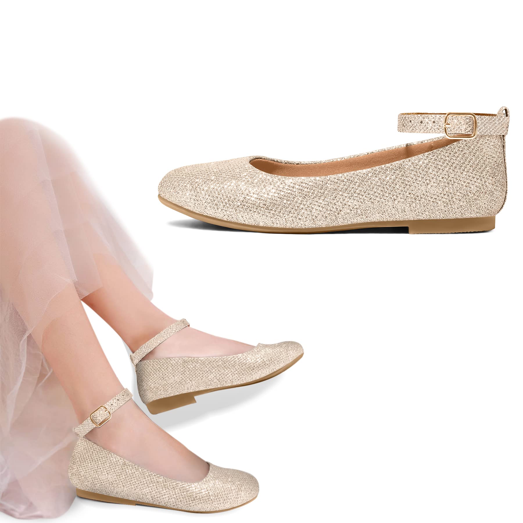 K KomForme Girls' Ballet Flats with Ankle Strap - Comfortable Dress Shoes for Toddler, Little Kid & Big Kid - Perfect for Dance Class, Weddings & Special Occasions