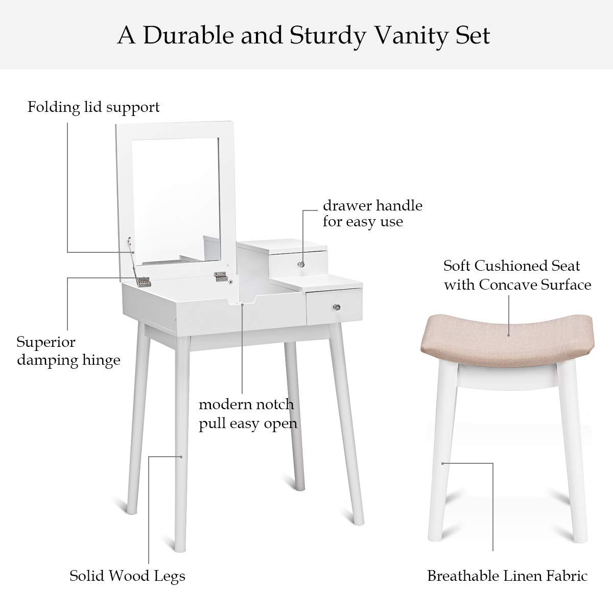 AUGESTER Vanity Dressing Set with Flip Top Mirror & Cushioned Stool - White Folding Makeup Desk with Large Storage for Bedroom, Bathroom | Perfect Vanity Table for Women & Girls | Ideal for Makeup, Dressing & Home Office Use (HW65961)