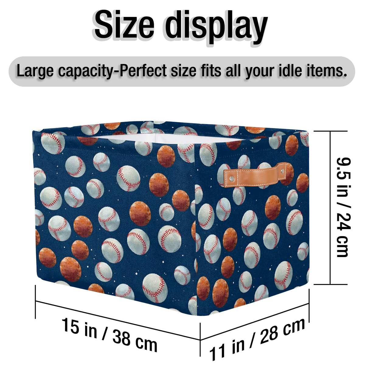 Foldable Baseball Pattern Storage Baskets with Handles - 2 Pack Decorative Shelf Organizer Bins for Home, Bedroom & Closet Organization