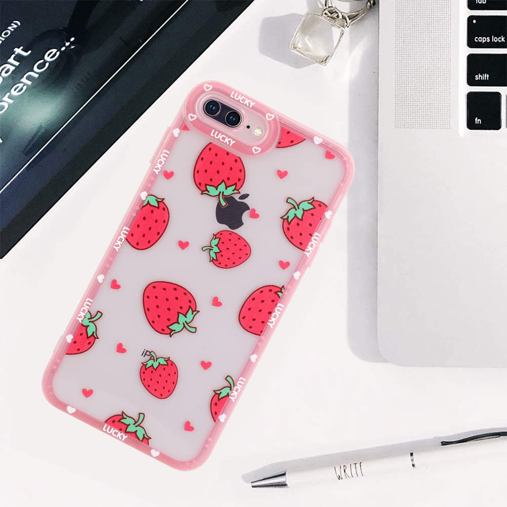 MZELQ iPhone 7 Plus/8 Plus Case - Cute Pink Strawberry Pattern Soft TPU Protective Phone Cover for Women & Girls [Includes 1 Screen Protector] - Perfect for Everyday Use, School & Work
