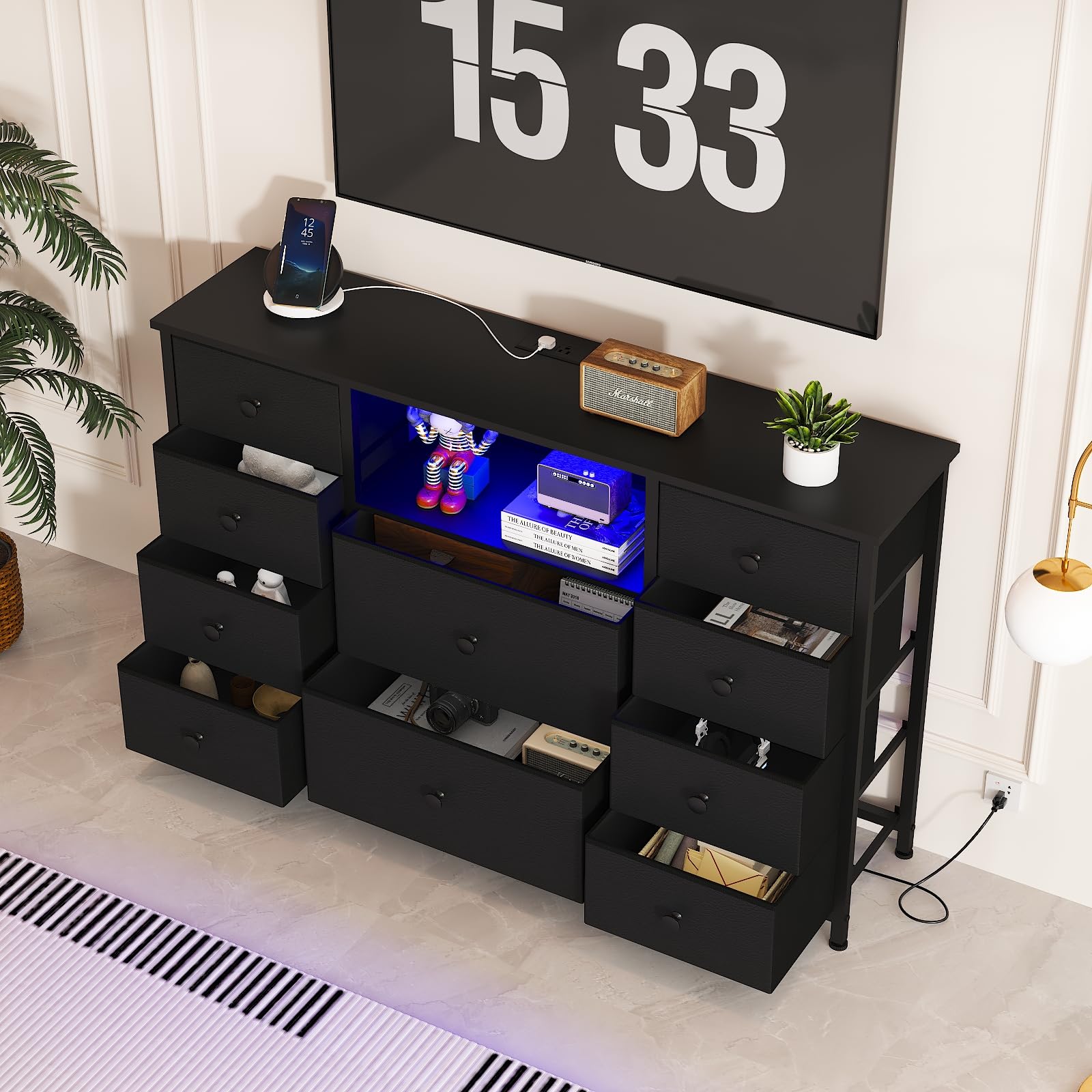 LDTTCUK 10-Drawer Dresser with USB Charging Station & LED Lights - Fabric Storage Organizer with PU Finish, Black - Perfect for Bedroom, Living Room, or TV Stand