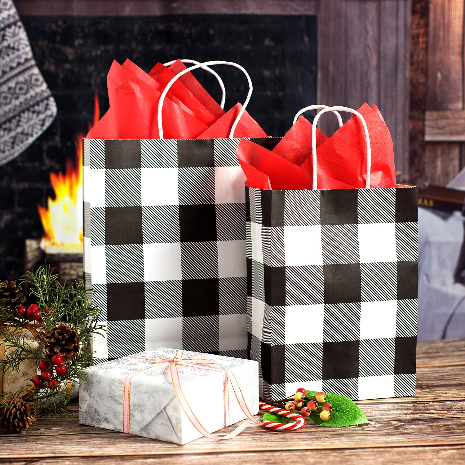 24 Pack Christmas Buffalo Plaid Gift Bags with 20x20 Red Tissue Paper - White & Black Kraft Paper Bags for Holiday Party, Wedding, Birthday Gifts - Perfect for Christmas Wrapping, Party Favors and Festive Gift Giving