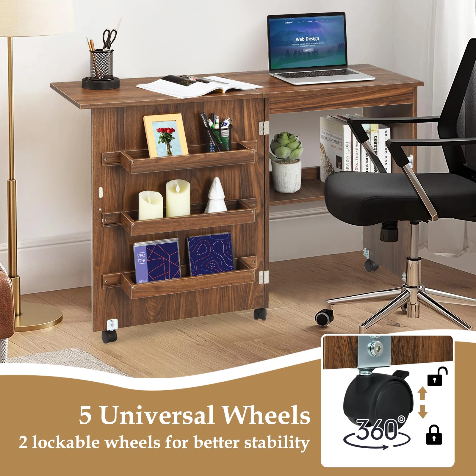 COSTWAY Folding Sewing Table with Lockable Wheels - Multipurpose Craft Station Desk & Display Cabinet with Storage Shelves - Rolling Sewing Machine Table for Home, Apartment, Studio (Brown) | Perfect for Quilting, DIY Projects & Small Space Organization
