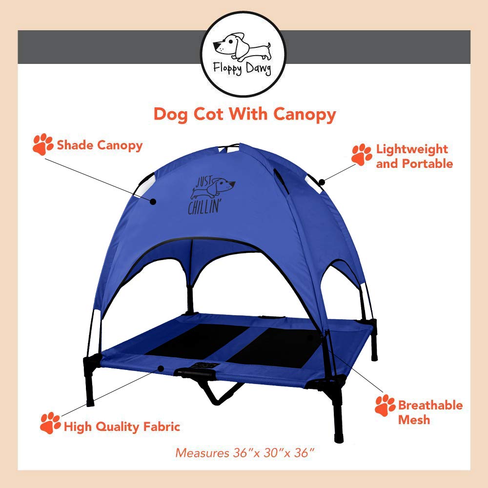 Floppy Dawg Just Chillin' Elevated Dog Bed - Portable Raised Cooling Cot with Removable Canopy Shade for Indoor & Outdoor Use - Breathable Mesh Fabric for Comfort - Perfect for Backyard, Patio, Camping & Travel with Your Pet