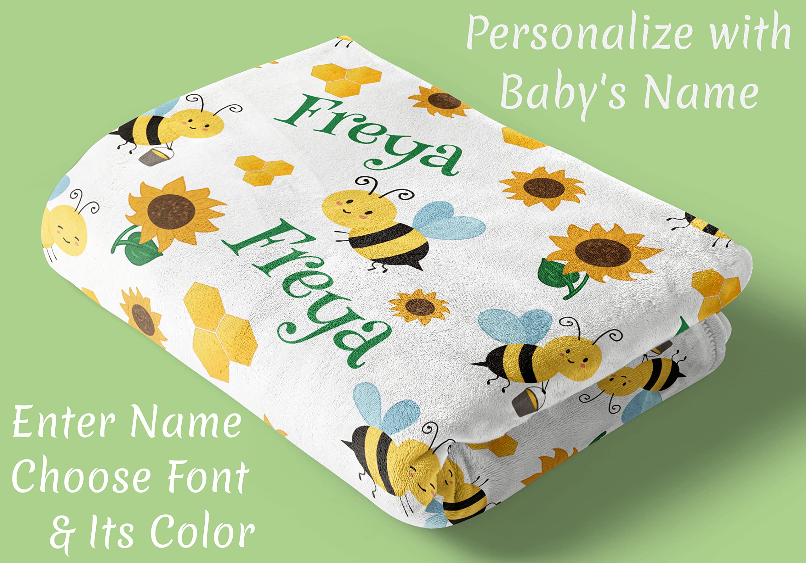 Personalized Baby Blankets for Boys & Girls - Custom Name Blankets with Bees Design - Perfect for Baby Shower, Birthday, Christmas Gifts - Newborn, Infant, Toddler & Kid Gift Idea - Great for Nursery, Travel & Snuggling