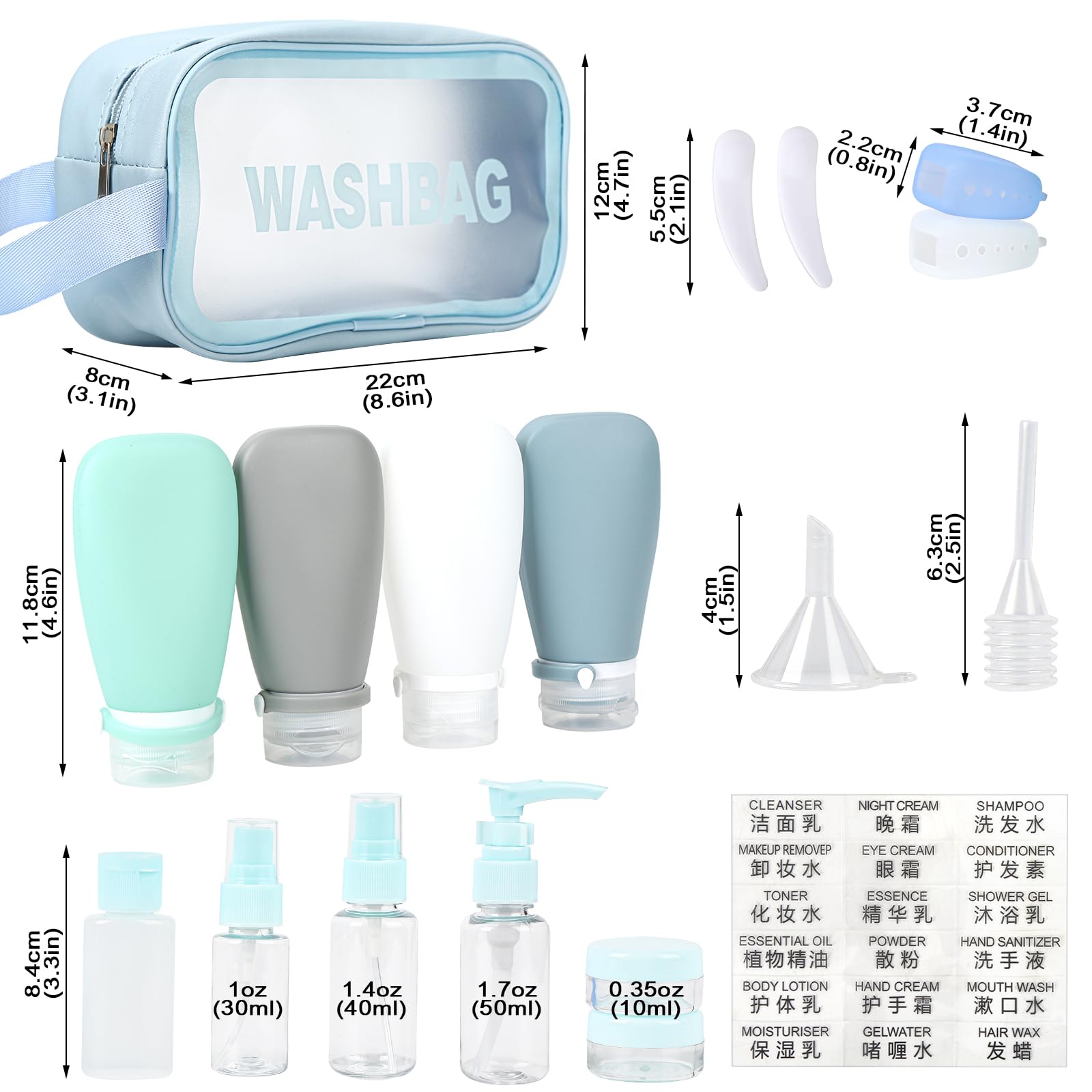 18 Pc Travel Bottle Set - TSA Approved Leak Proof Toiletry Containers with 3 oz Bottles, Funnel & Toothbrush Cover | Perfect for Airplane Carry-On, Vacation Essentials & Gym Bag Organization