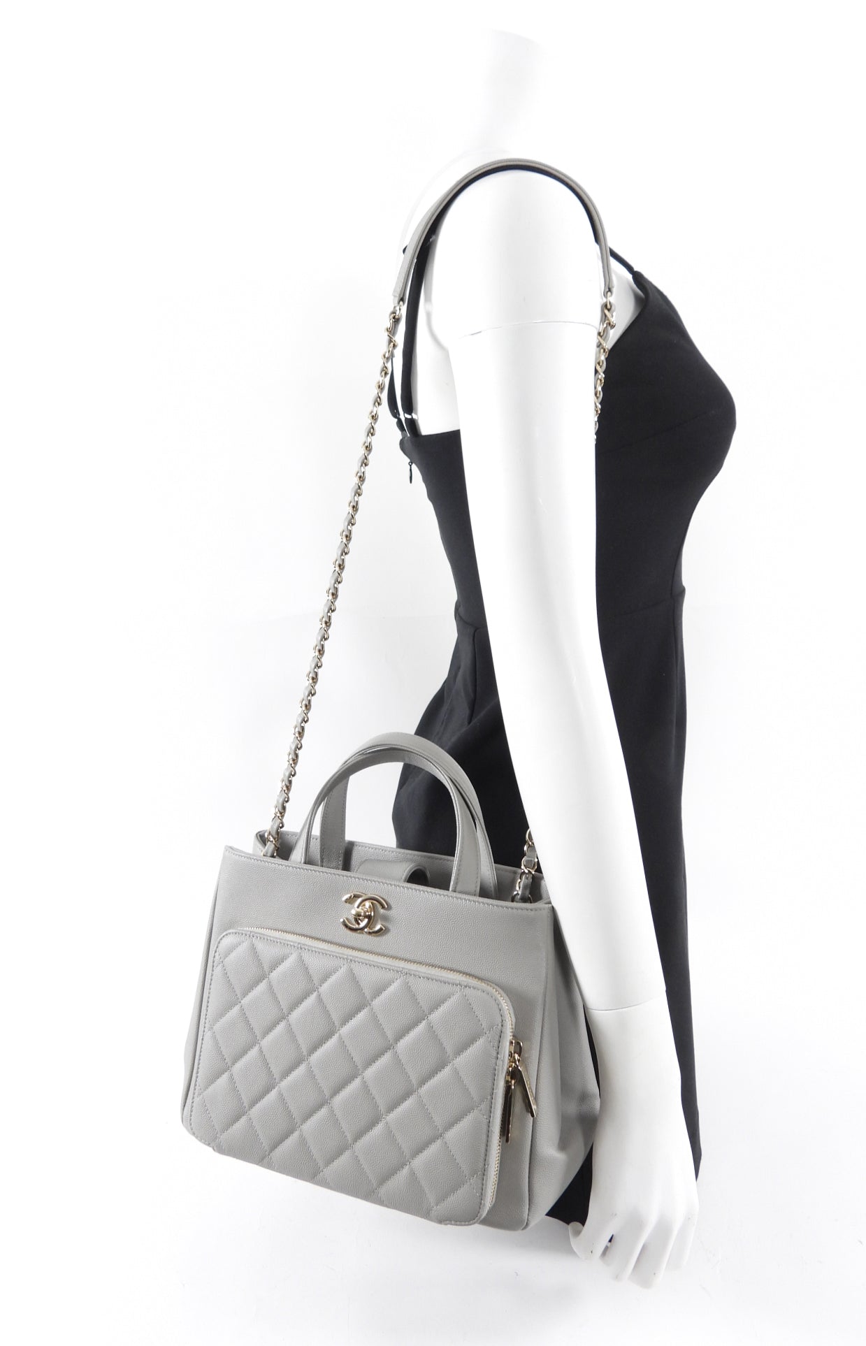 Chanel Small Light Grey Caviar Leather Business Affinity Two-Way Handbag for Women | Luxury Designer Tote & Shoulder Bag for Work, Travel & Everyday Use