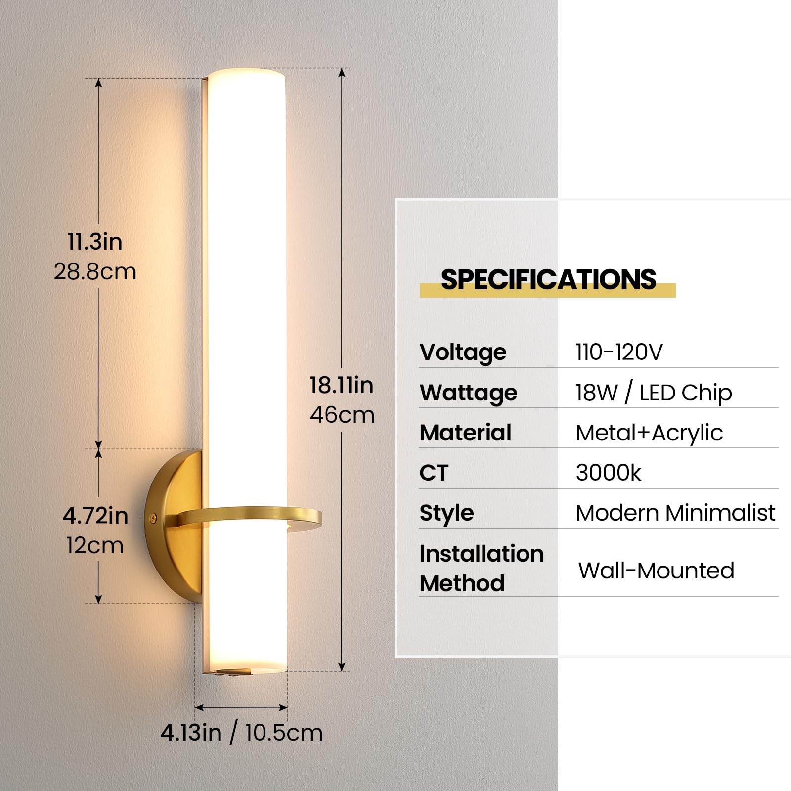 18 Inch Gold Wall Sconces Set of 2 - Dimmable Modern LED Wall Lights (18W, 3000K) with Acrylic Lampshade, Hardwired Fixture for Living Room, Bedroom, Bathroom & Hallway - Elegant Ambient Lighting for Home Decor