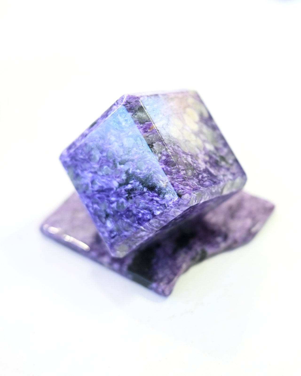 Natural Charoite Crystal Cube with Wooden Display Stand - Healing Stone for Meditation, Reiki, and Home Decor