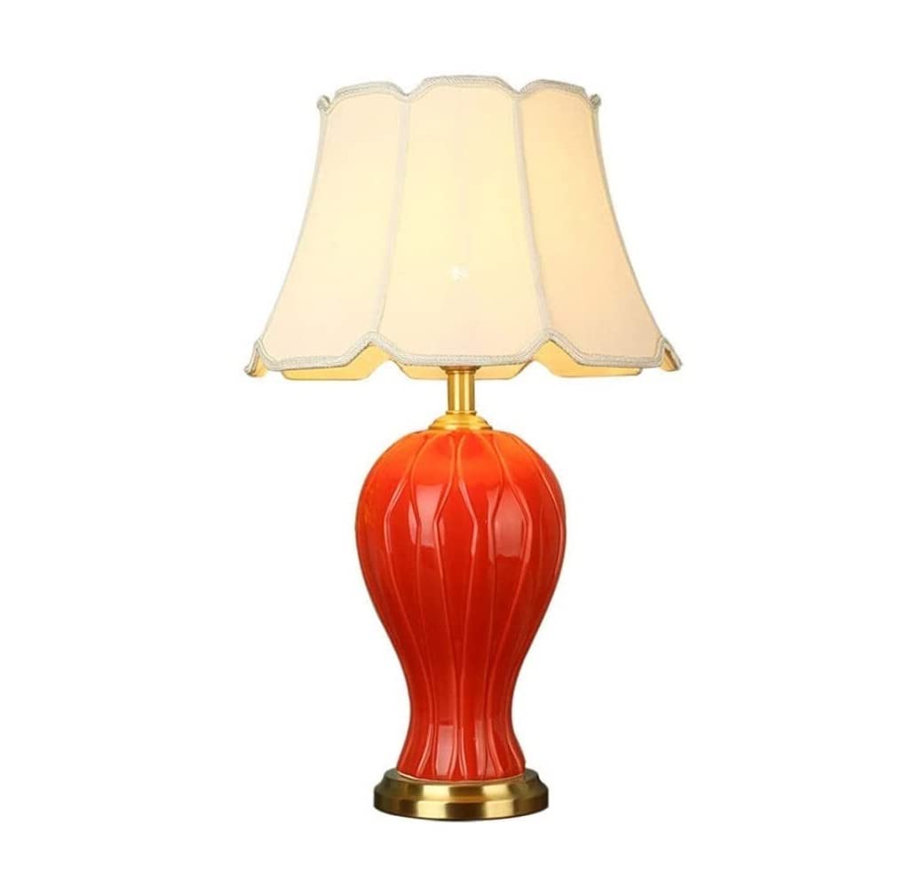 Nordic Style Octagonal Cloth Lampshade Table Lamp - Copper Ceramic Base, Push Button Switch, Bedside Nightstand & Desk Light for Bedroom, Living Room, Home Decor | Perfect for Reading, Relaxing & Creating Cozy Atmosphere (Color: Red)