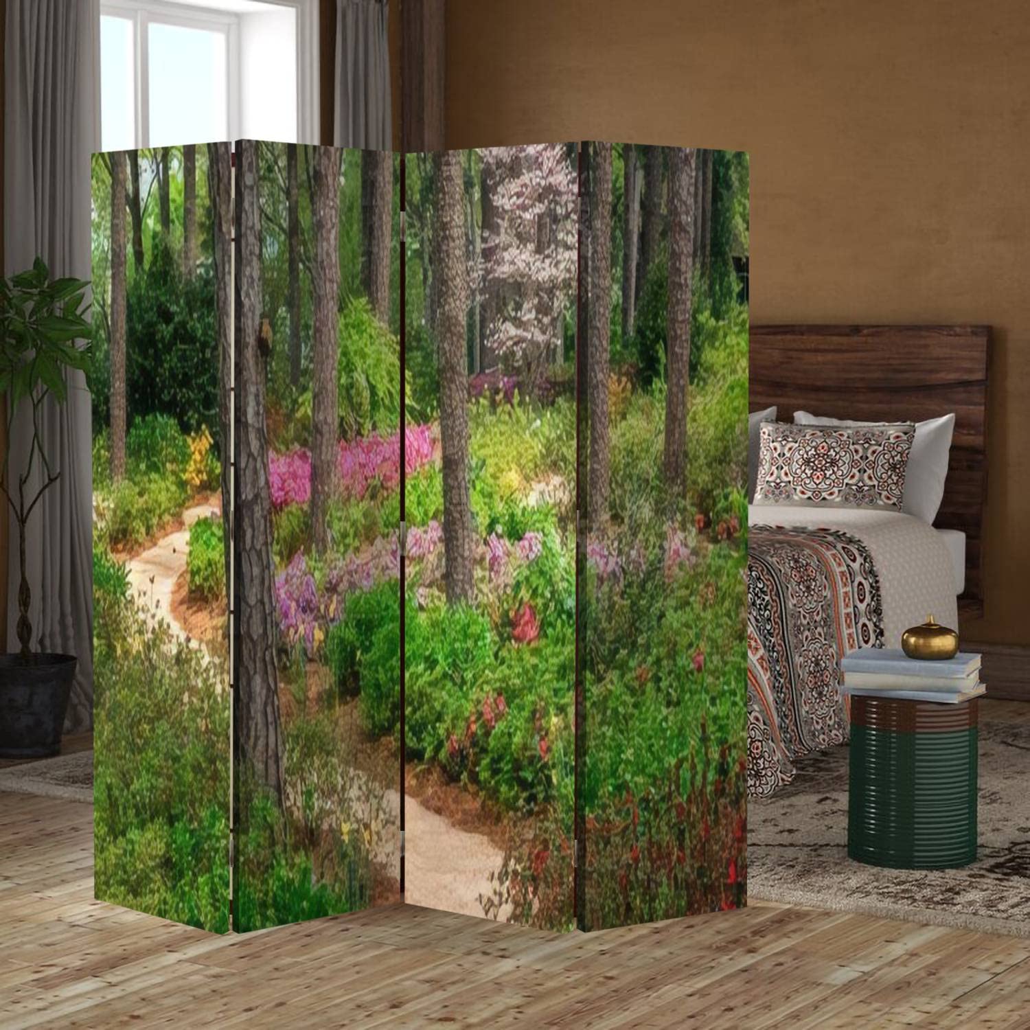 Wooden Screen Room Divider - Azalea & Flower Garden Pathway Design | Folding Privacy Partition Panels with Dual-Sided Canvas | 6-Panel Indoor Wall Divider for Home Office, Bedroom, and Living Room Display