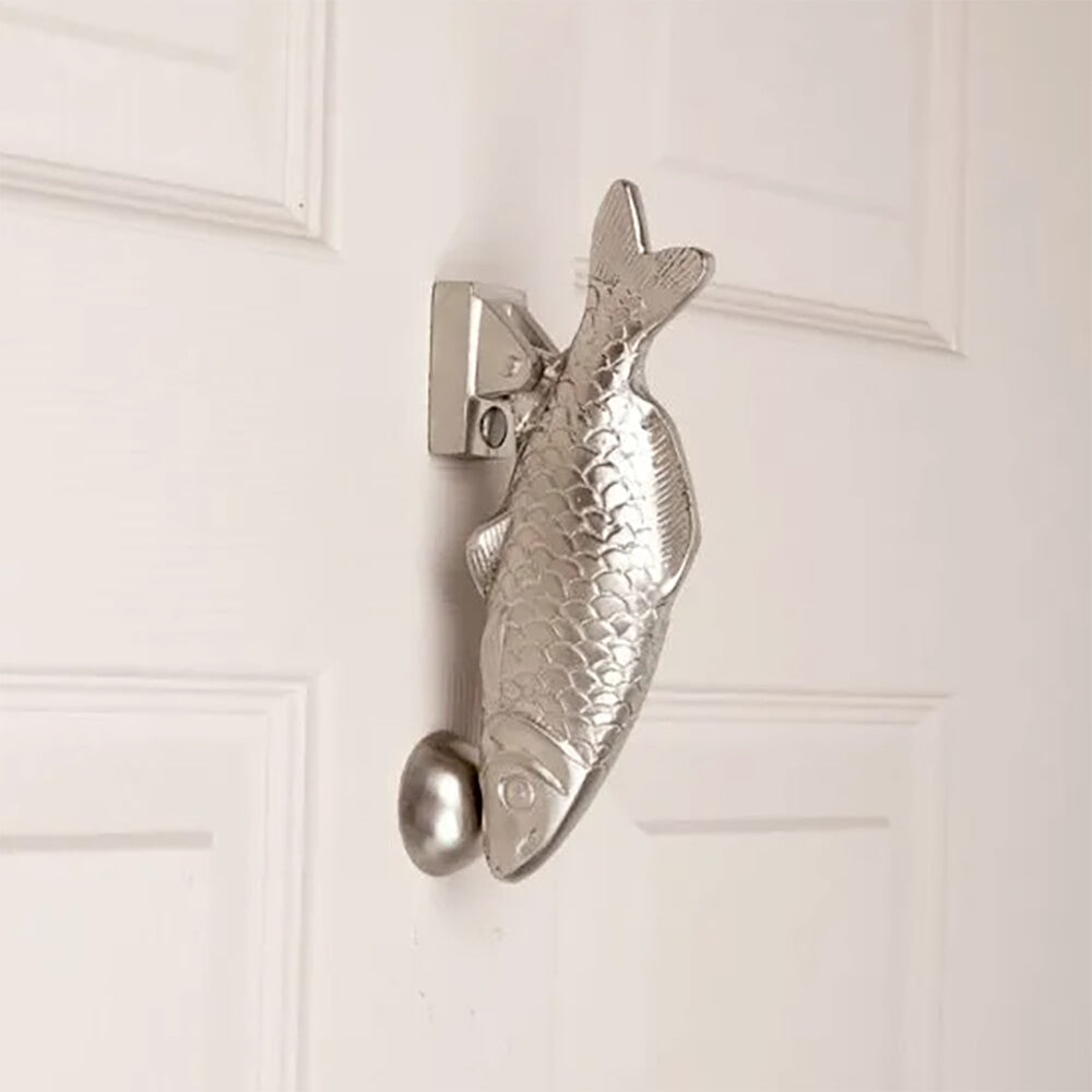 Elegant Satin Silver Carp Door Knocker - Handcrafted Asian-Inspired Home Decor for Front Door & Feng Shui Blessings