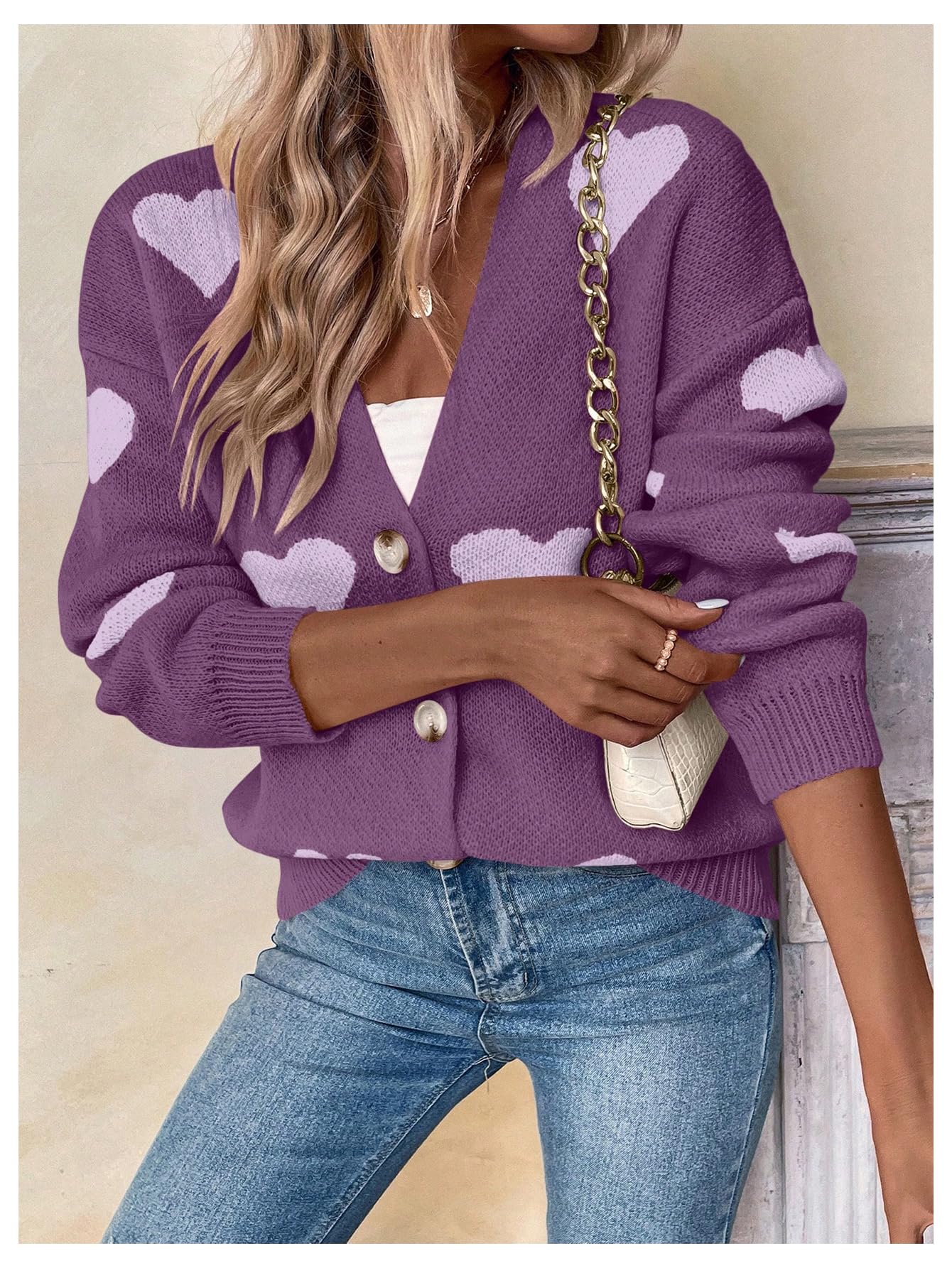 SHENHE Women's Cute Heart Print Button Down Cardigan - Soft V-Neck Sweater Coat for Casual Wear, Office & Date Nights