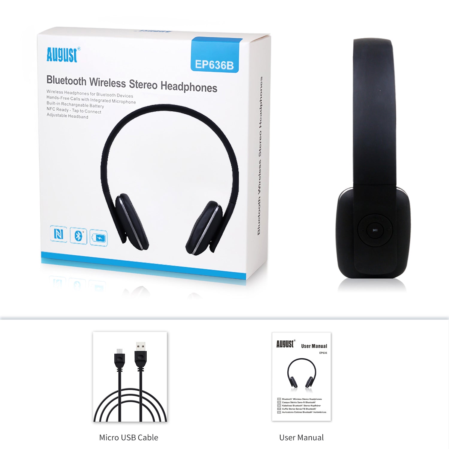August EP636 Bluetooth Wireless Headphones with NFC - On-Ear Rechargeable & Ultra Lightweight for Gym, Travel & Office Use