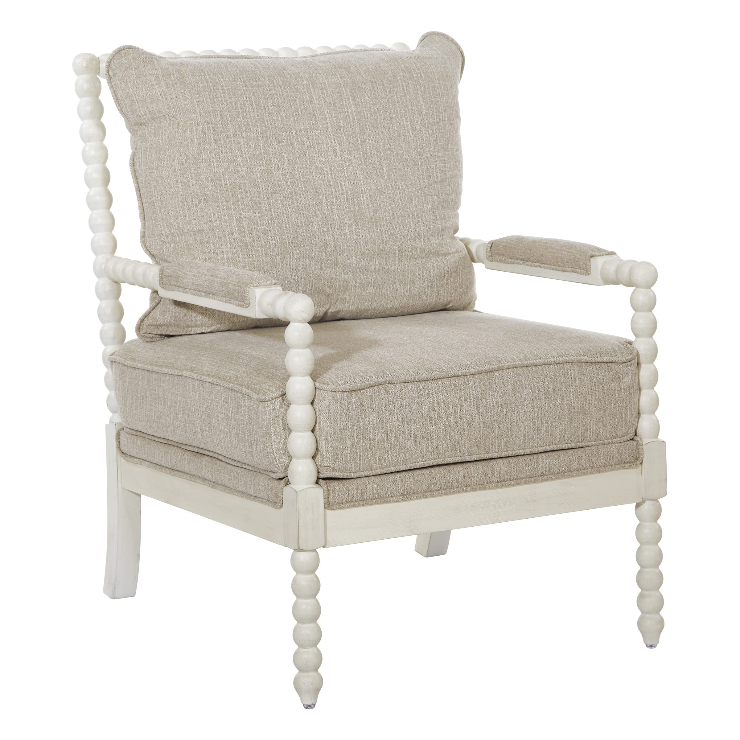 OSP Home Furnishings Kaylee Spindle Accent Chair - Antique White Wood Frame & Beige Linen Upholstery | Perfect for Living Room, Bedroom, or Office Decor