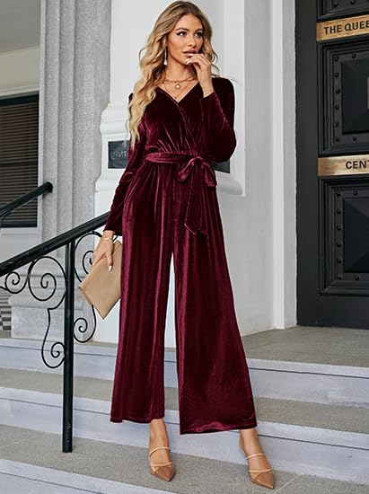 BerryGo Women's 2024 Velvet Formal Jumpsuit - Long Sleeve Wide Leg V-Neck Romper with Belt & Pocket for Wedding Guest, Cocktail Party, Holiday Events & Special Occasions
