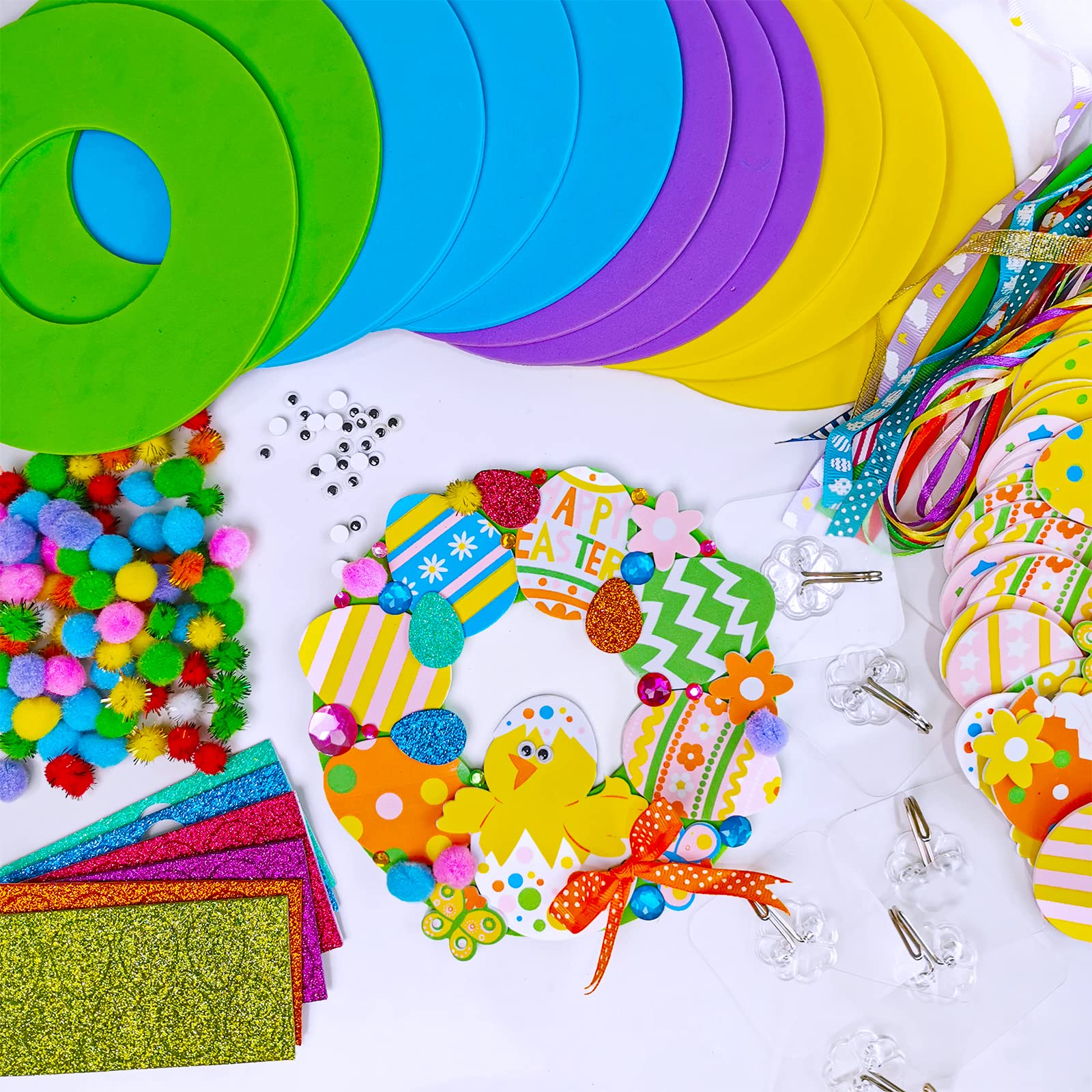 12 Sets DIY Easter Wreath Craft Kit with Foam Stickers, Pom-Poms & Googly Eyes - Bunny & Chick Decorations for Kids Classroom, Home Art Projects, Easter Party Favors & Front Door Décor - Perfect for Spring Celebrations & Holiday DIY Activities