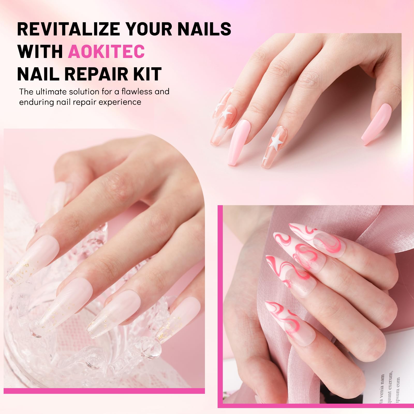 Aokitec Nail Repair Kit - 28g Jelly Pink Builder Powder for Broken Cracked Split Weak Nails with Nail Repair Solution | Emergency Quick DIY Natural Crystal Pink Nails | Perfect for Home Salon, Nail Art, and Manicure Care