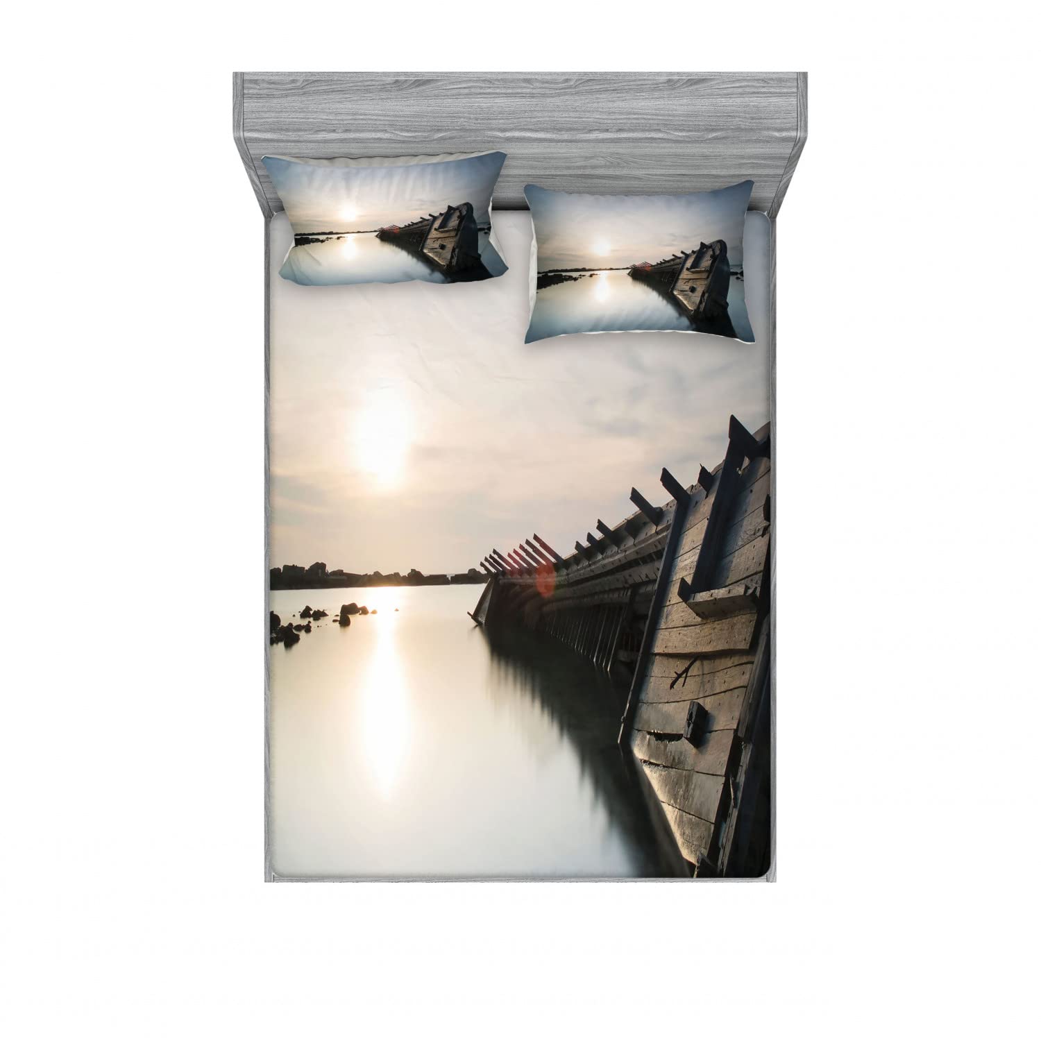 Ambesonne 2-Pack Nautical Fitted Sheet & Pillow Sham Set - Sinking Boat Sunset Design - 4-Piece Bedding Decor (2 Twin XL Fitted Sheets & 4 Pillow Covers) in Pale Blue & Brown - Perfect for Coastal Themed Bedrooms, Guest Rooms, and Vacation Homes