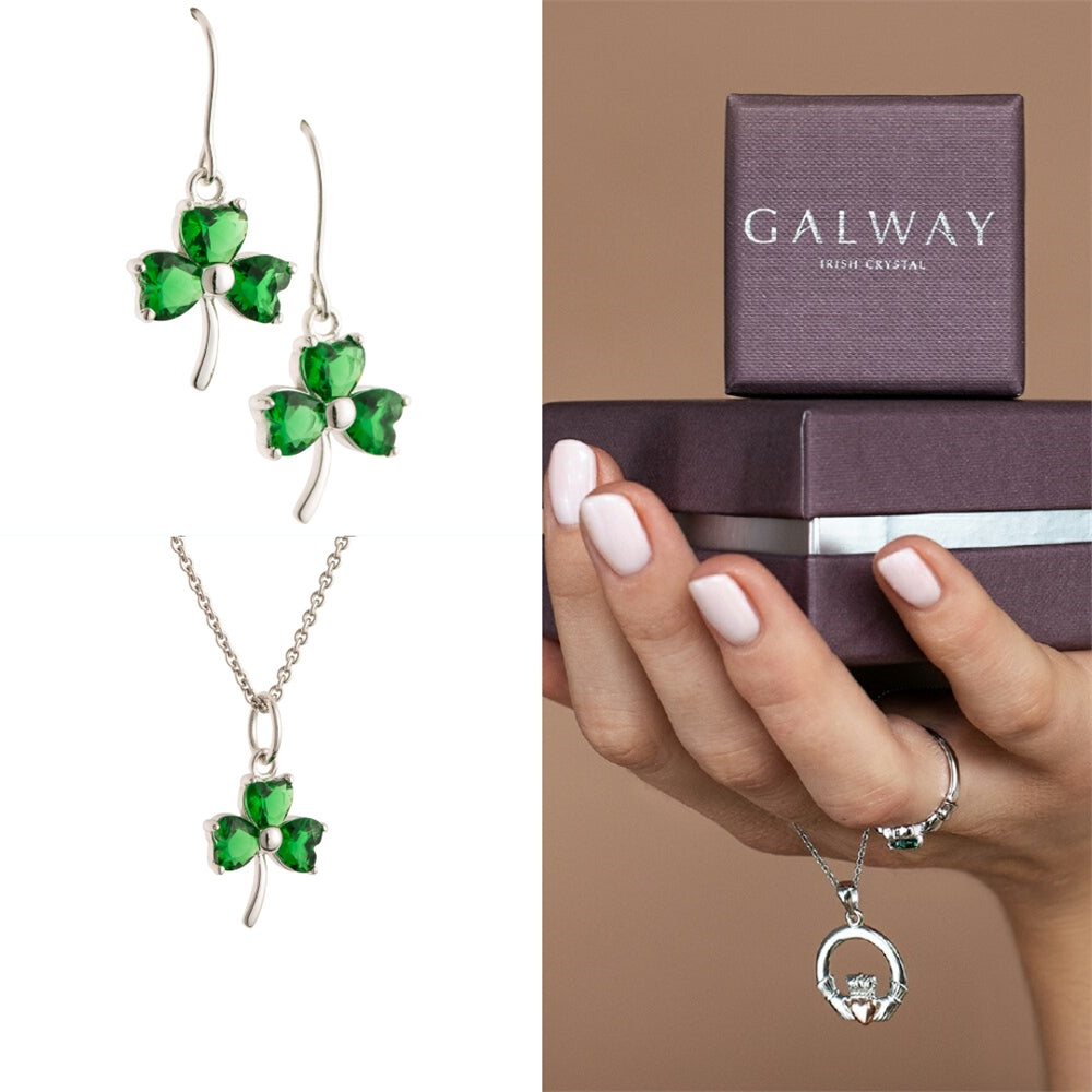 Galway Crystal Shamrock Green Sterling Silver Jewelry Set - Elegant Irish Gift for St. Patrick's Day, Weddings & Special Occasions