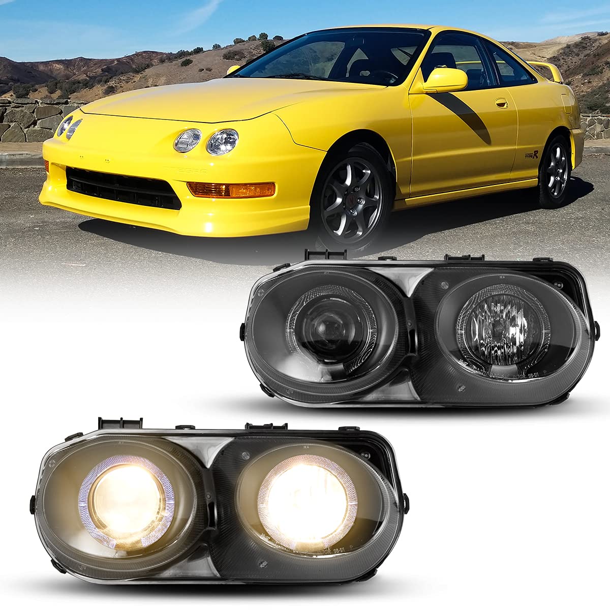 ROXX Halo Projector Headlights for 1998-2001 Acura Integra - Dual Beam LED Headlight Assembly with Clear Lens (Black+Clear) - Driver & Passenger Side - Perfect for Night Driving & Car Upgrades
