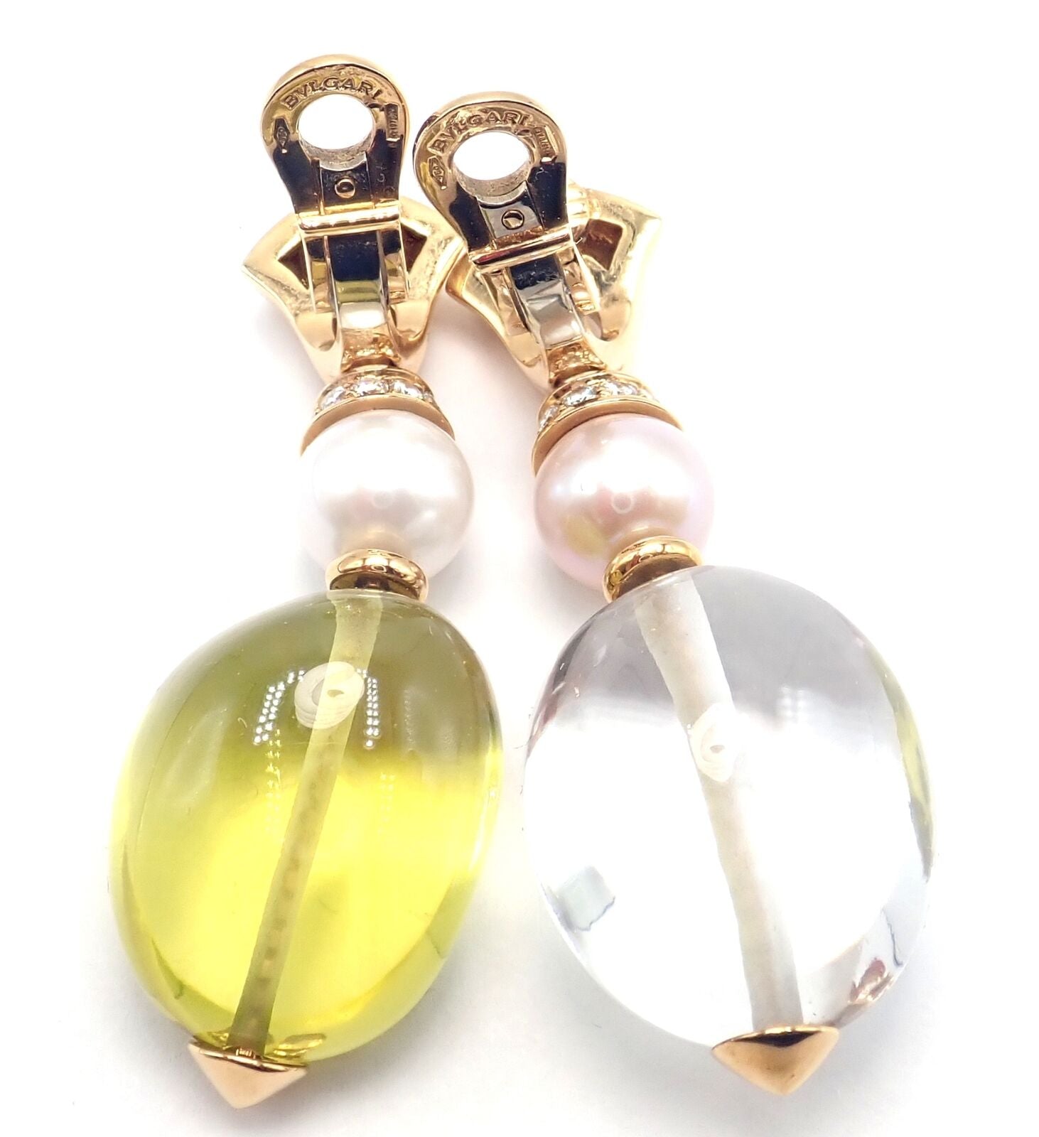 Authentic Bulgari Bvlgari 18k Gold Diamond Pearl Peridot Crystal Drop Earrings for Women - Luxury Statement Jewelry for Parties, Weddings & Special Occasions