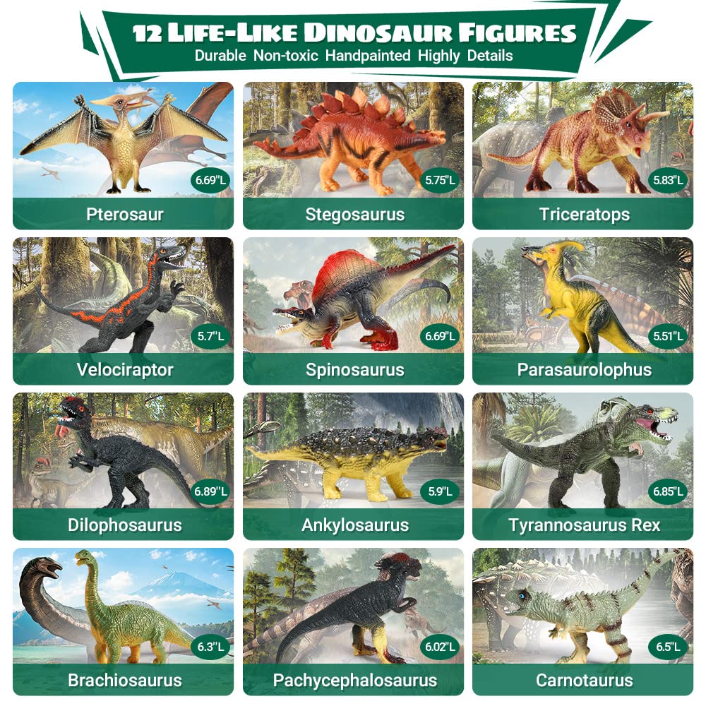 FRUSE 12Pcs Dinosaur Toys for Kids Ages 3-6 - Realistic Dinosaur Figures with Interactive Sound Book, Roaring Sounds, Educational Stories & Q&A - Best Dinosaur Gift for Boys & Girls - Perfect for Playtime, Learning & Birthday Gifts