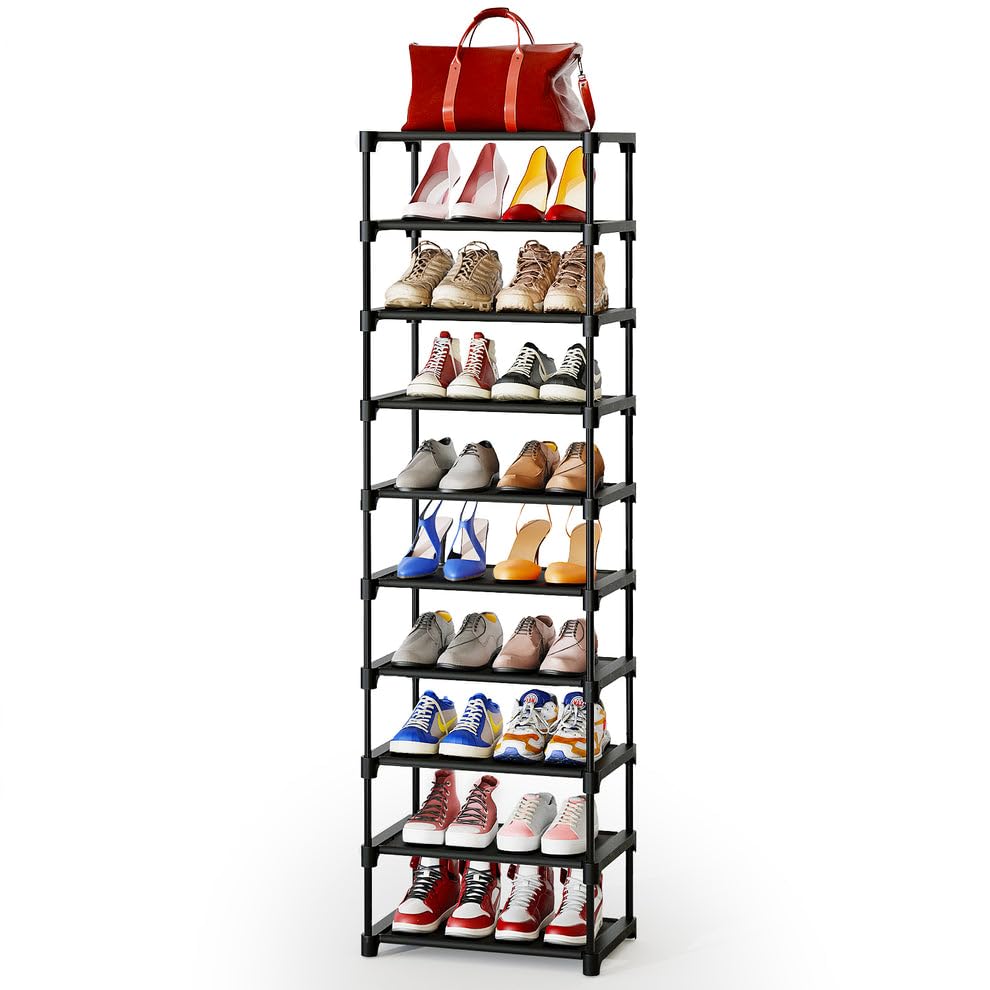 Kitsure 10-Tier Shoe Organizer Rack - Sturdy Space-Saving Shoe Shelf for Closet & Entryway, Holds 20 Pairs of Shoes, Boots & Heels - Easy Assembly Narrow Shoe Storage Solution for Small Spaces & Apartments