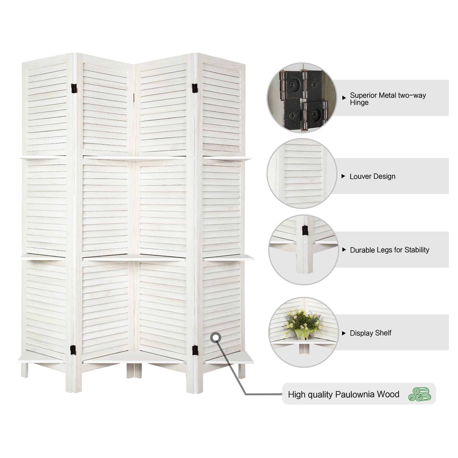 ECOMEX 5.6Ft Tall 4 Panel Wooden Room Divider with Shelves - Folding Privacy Screen for Bedroom, Home Office & Living Room - Double Hinged Room Separator in White - Perfect for Creating Private Spaces, Home Organization & Room Partition