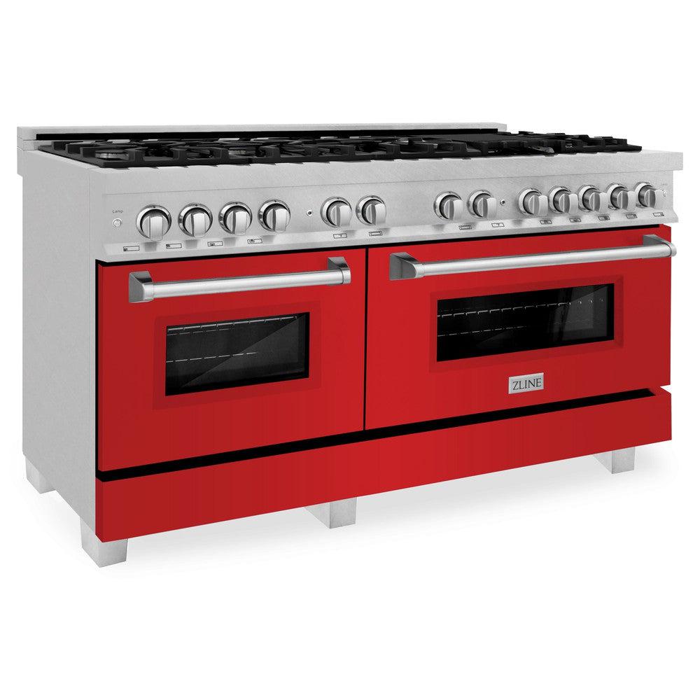 ZLINE 60-Inch 7.4 cu. ft. Dual Fuel Range with 9-Burner Gas Cooktop & 2 Electric Convection Ovens - Satin Stainless Steel with Red Matte Doors (RAS-RM-60) - Perfect for Professional Home Chefs & Modern Kitchens